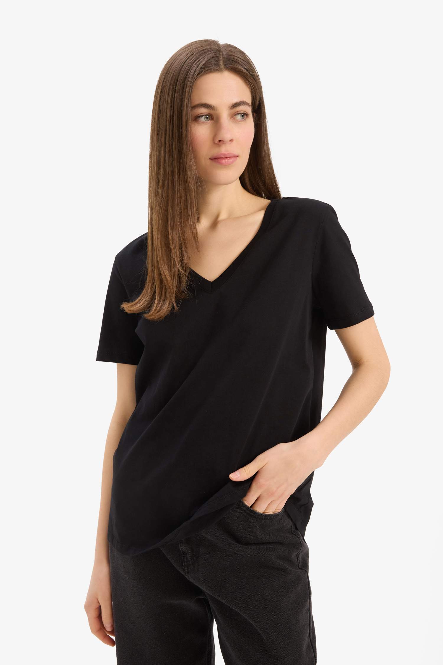 Regular Fit V Neck Cotton Basic T-Shirt