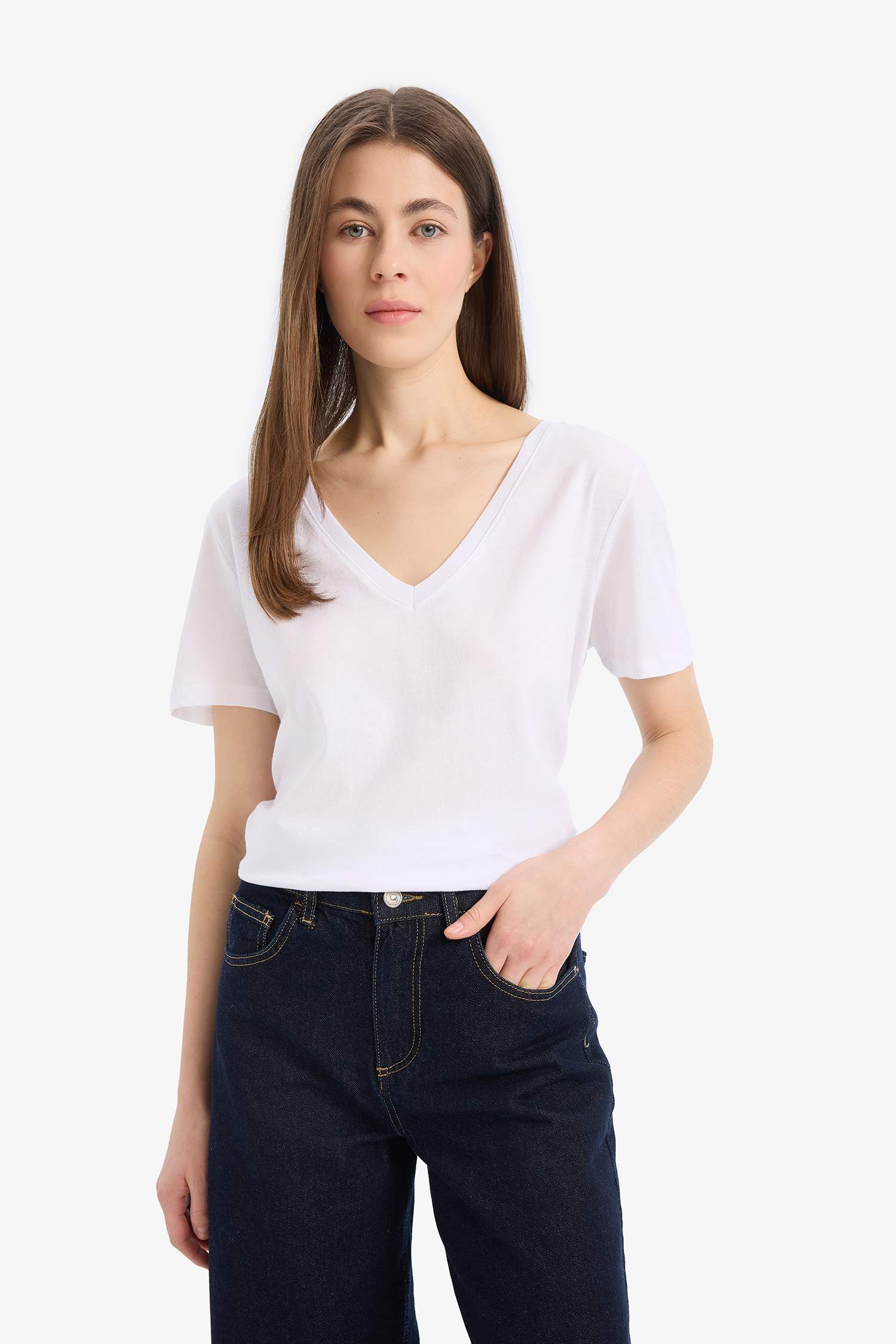 %100 Pamuk Regular Fit V Yaka Basic Düz Kısa Kollu Beyaz Tişört