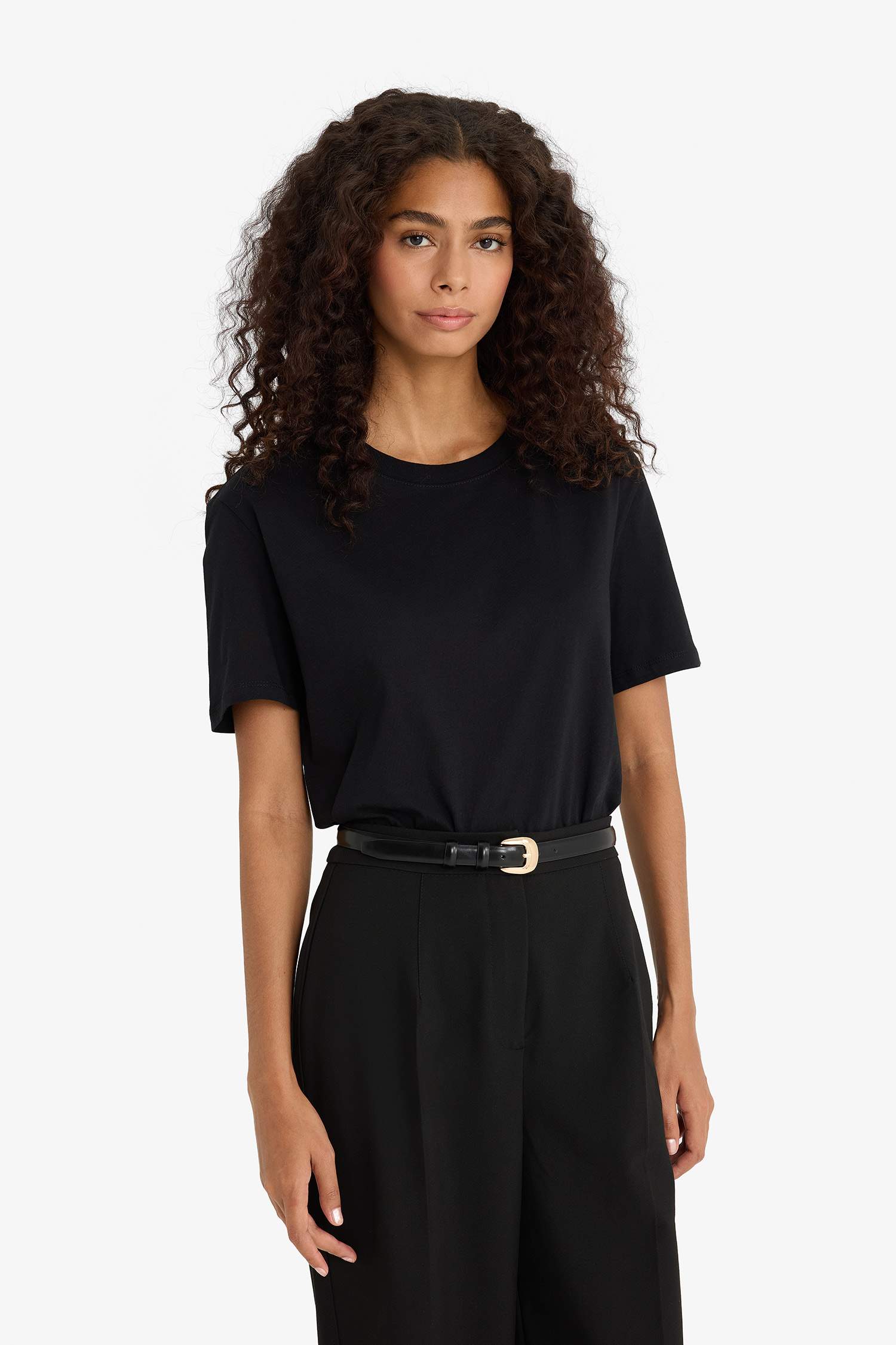 Regular Fit Bisiklet Yaka Basic Düz Penye Kısa Kollu Siyah Tişört