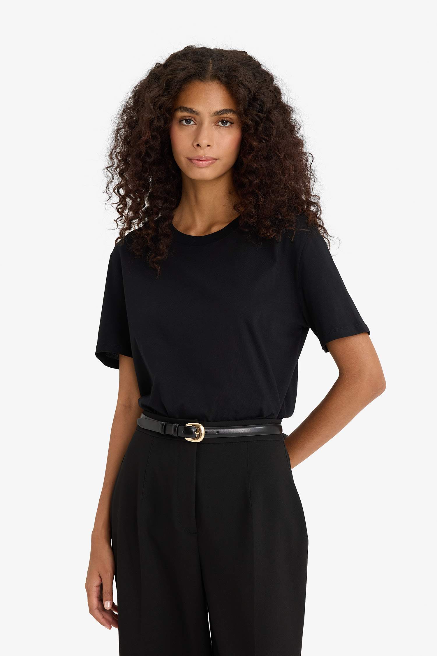 Regular Fit Bisiklet Yaka Basic Düz Penye Kısa Kollu Siyah Tişört