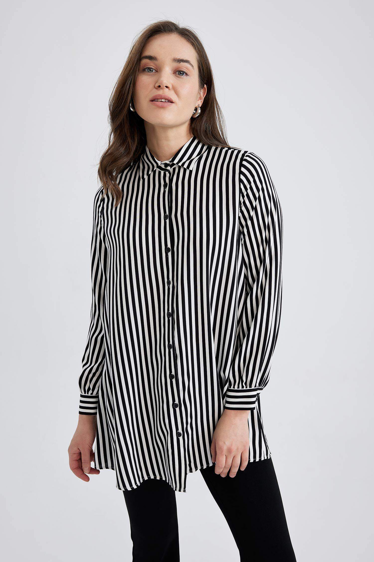 Black WOMEN Relax Fit Long Sleeve Striped Viscose Shirt Tunic 2403553 ...