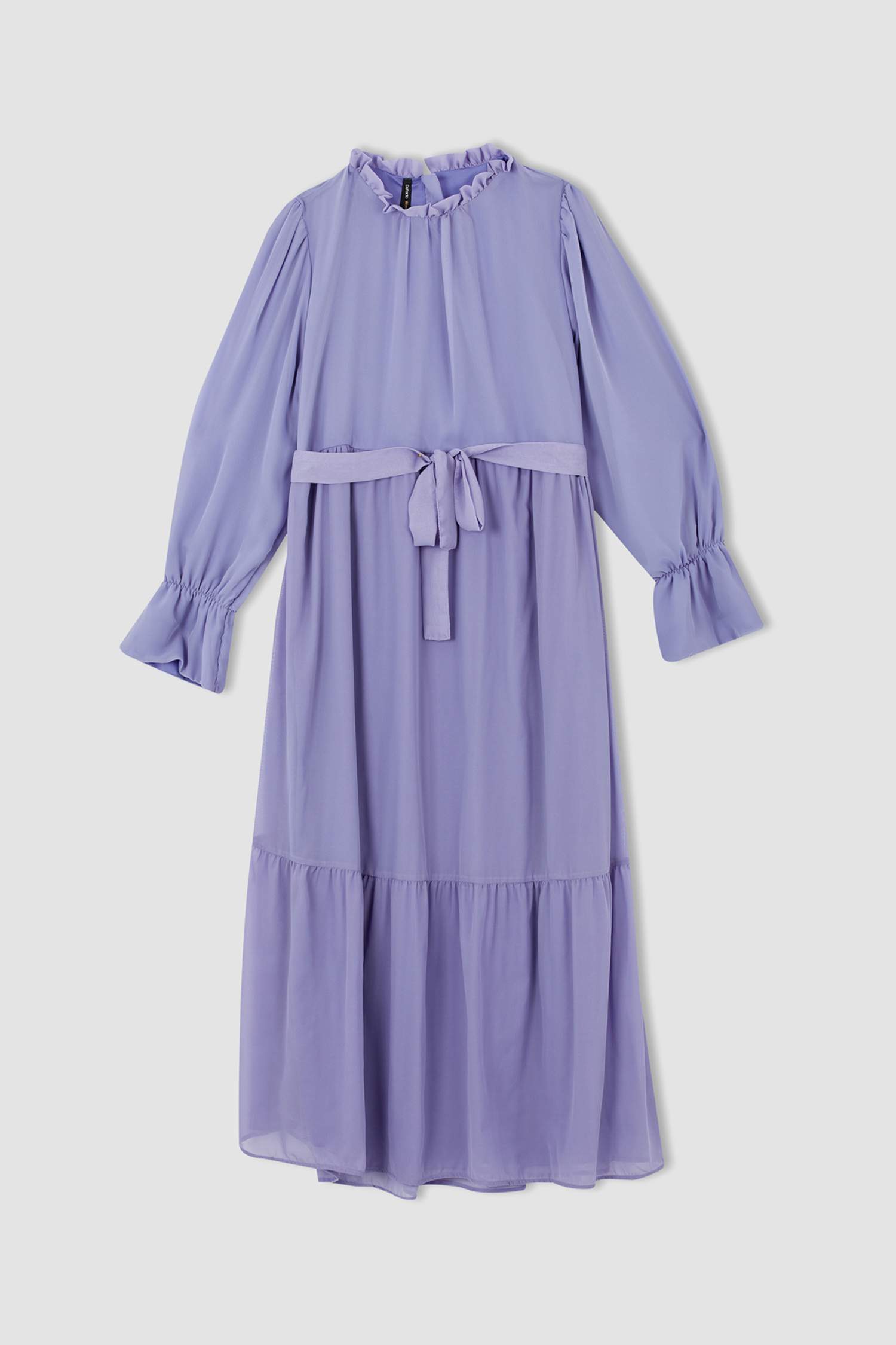 فستان كم طويل طويل شيفون قصة عادية كم بالون بياقة مستديرة