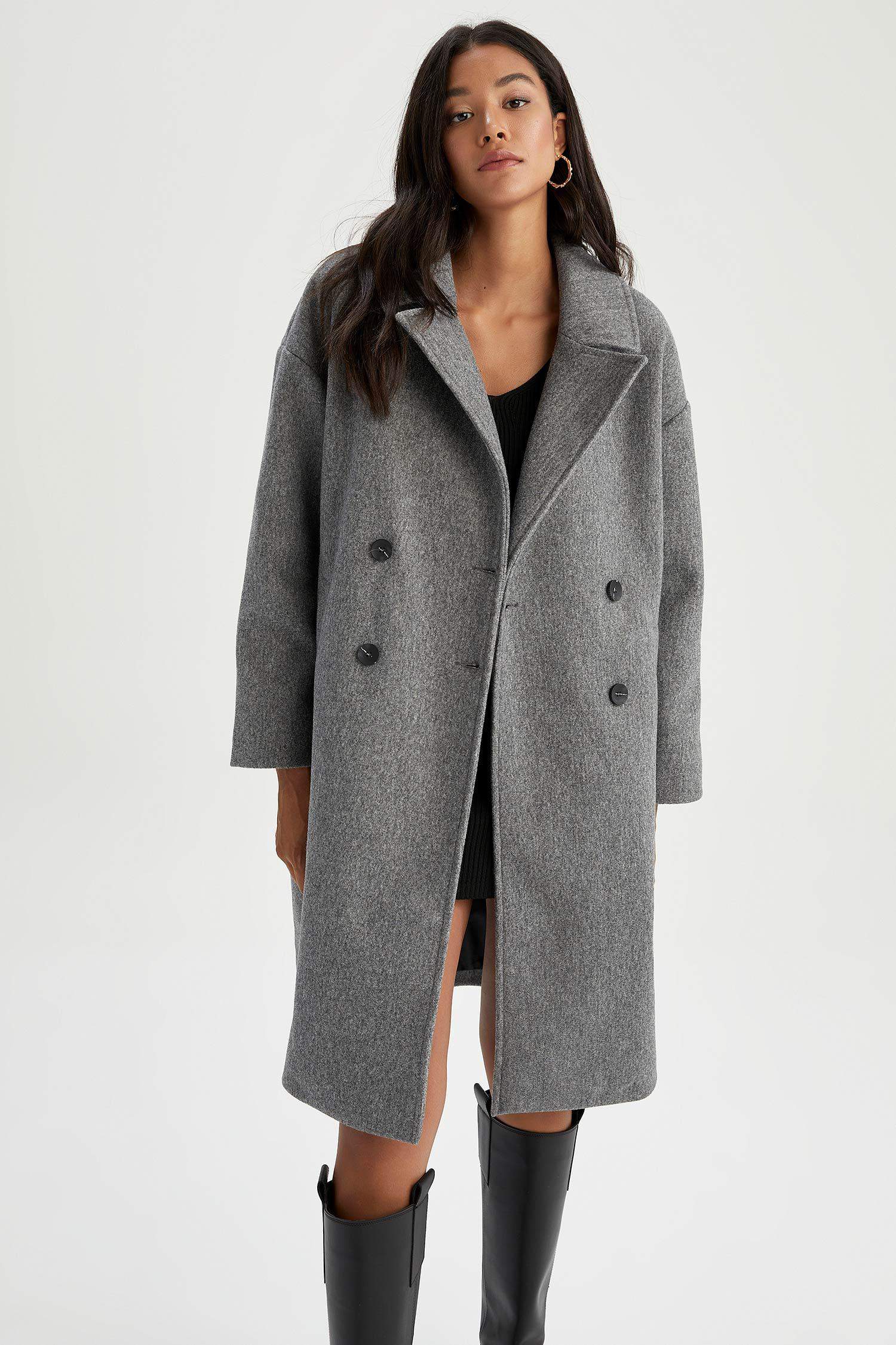 Oversize Geniş Kalıp Kruvaze Yaka Düğme Kapamalı Cepli Uzun Kaşe Kaban