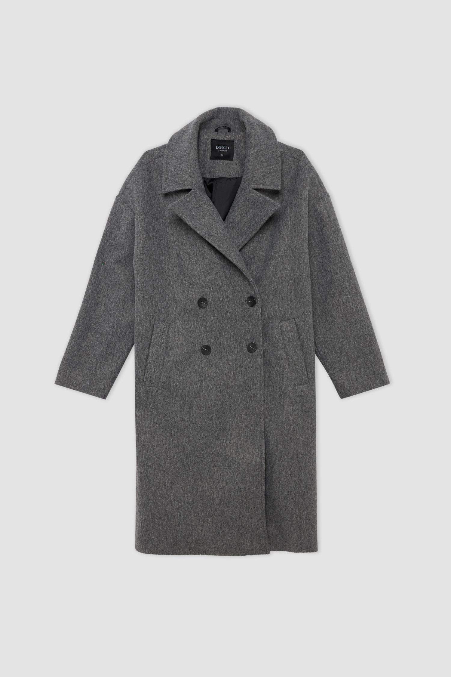 Oversize Geniş Kalıp Kruvaze Yaka Düğme Kapamalı Cepli Uzun Kaşe Kaban