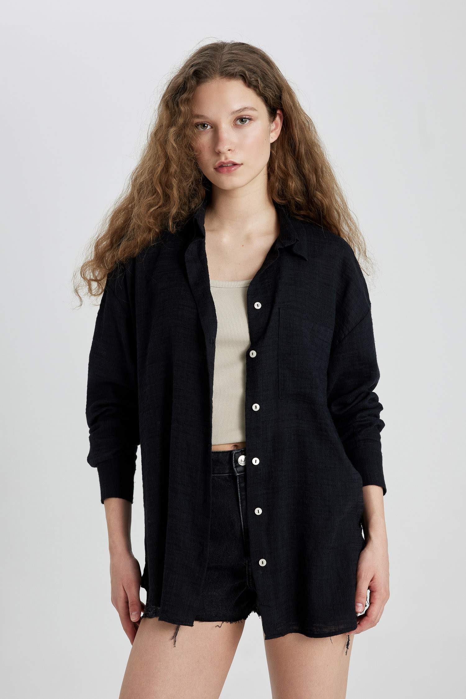 Oversize Geniş Kalıp Keten Görünümlü Uzun Kollu Gömlek