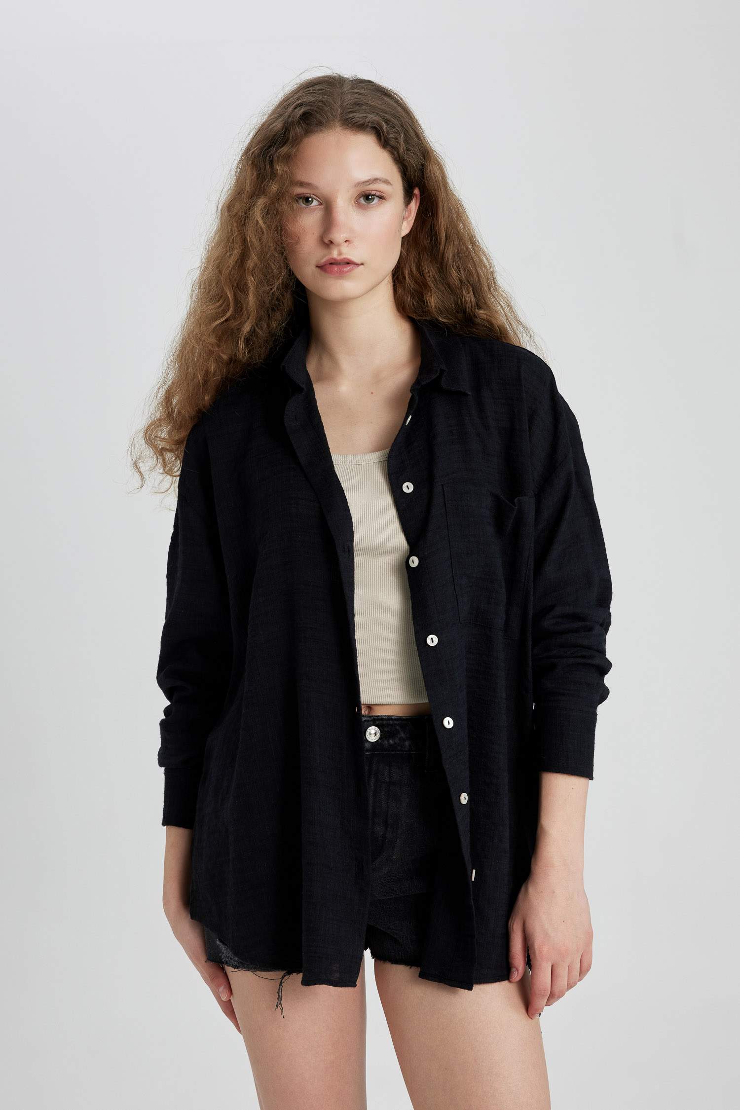 Oversize Geniş Kalıp Keten Görünümlü Uzun Kollu Gömlek