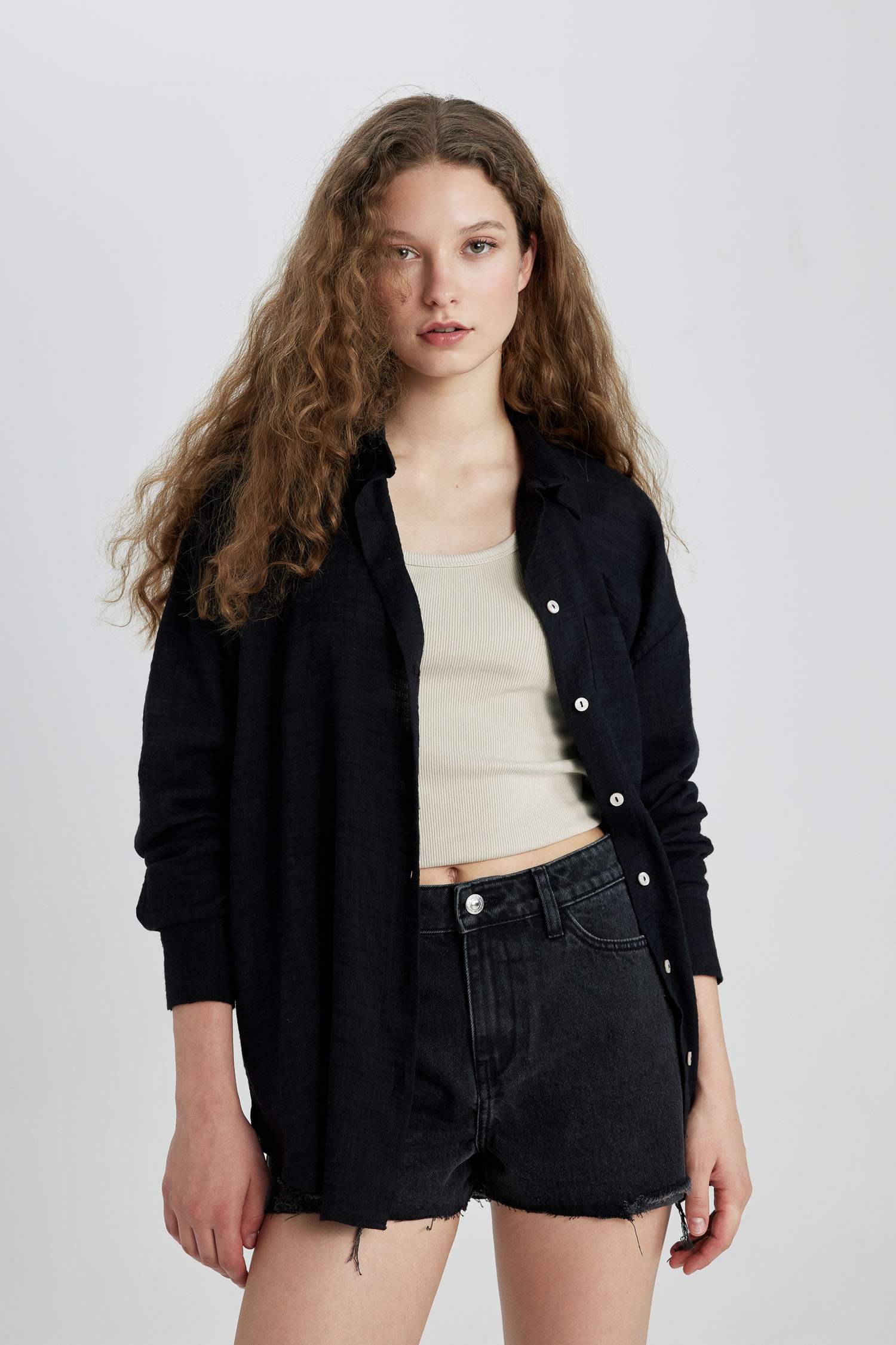 Oversize Geniş Kalıp Keten Görünümlü Uzun Kollu Gömlek