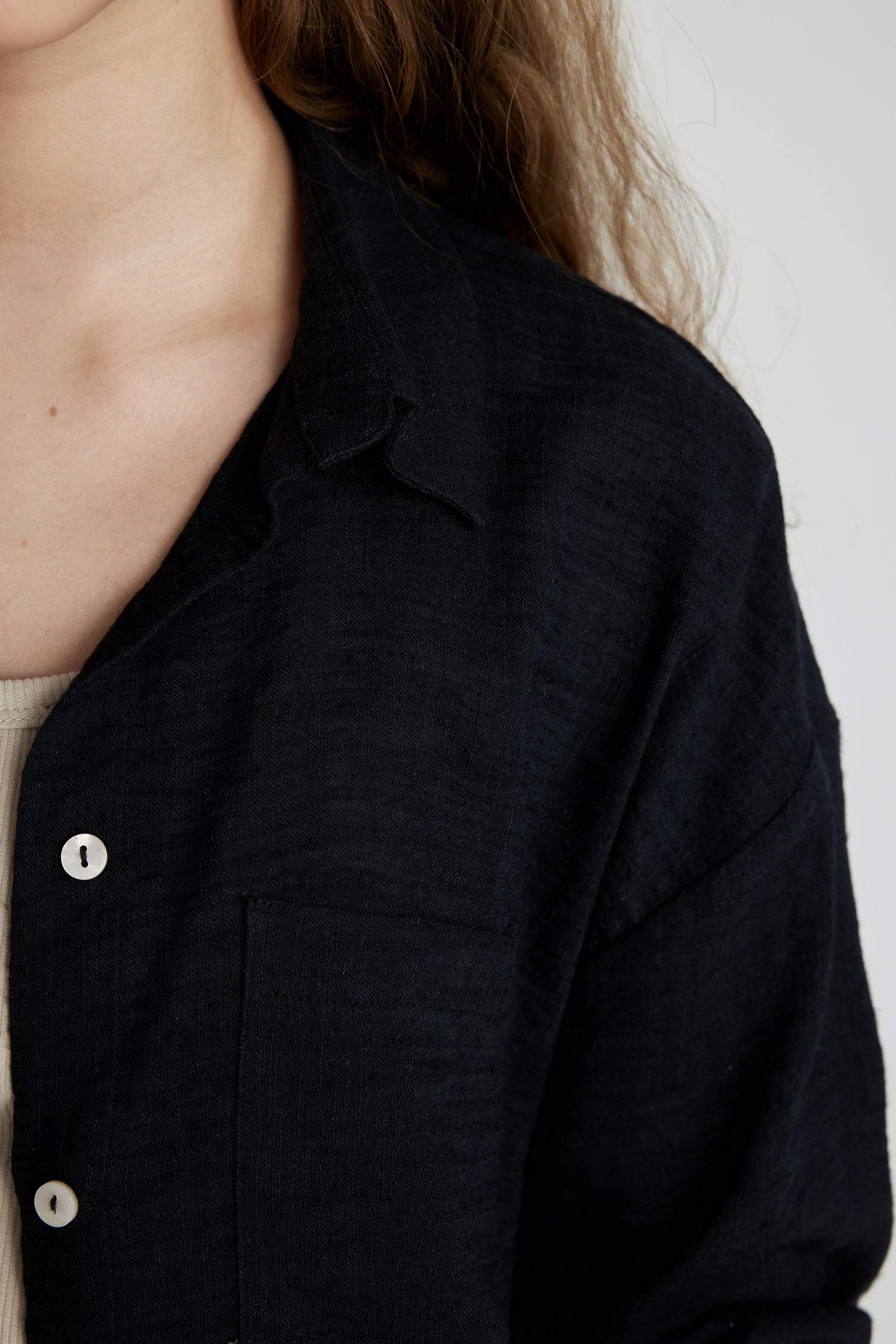 Oversize Geniş Kalıp Keten Görünümlü Uzun Kollu Gömlek