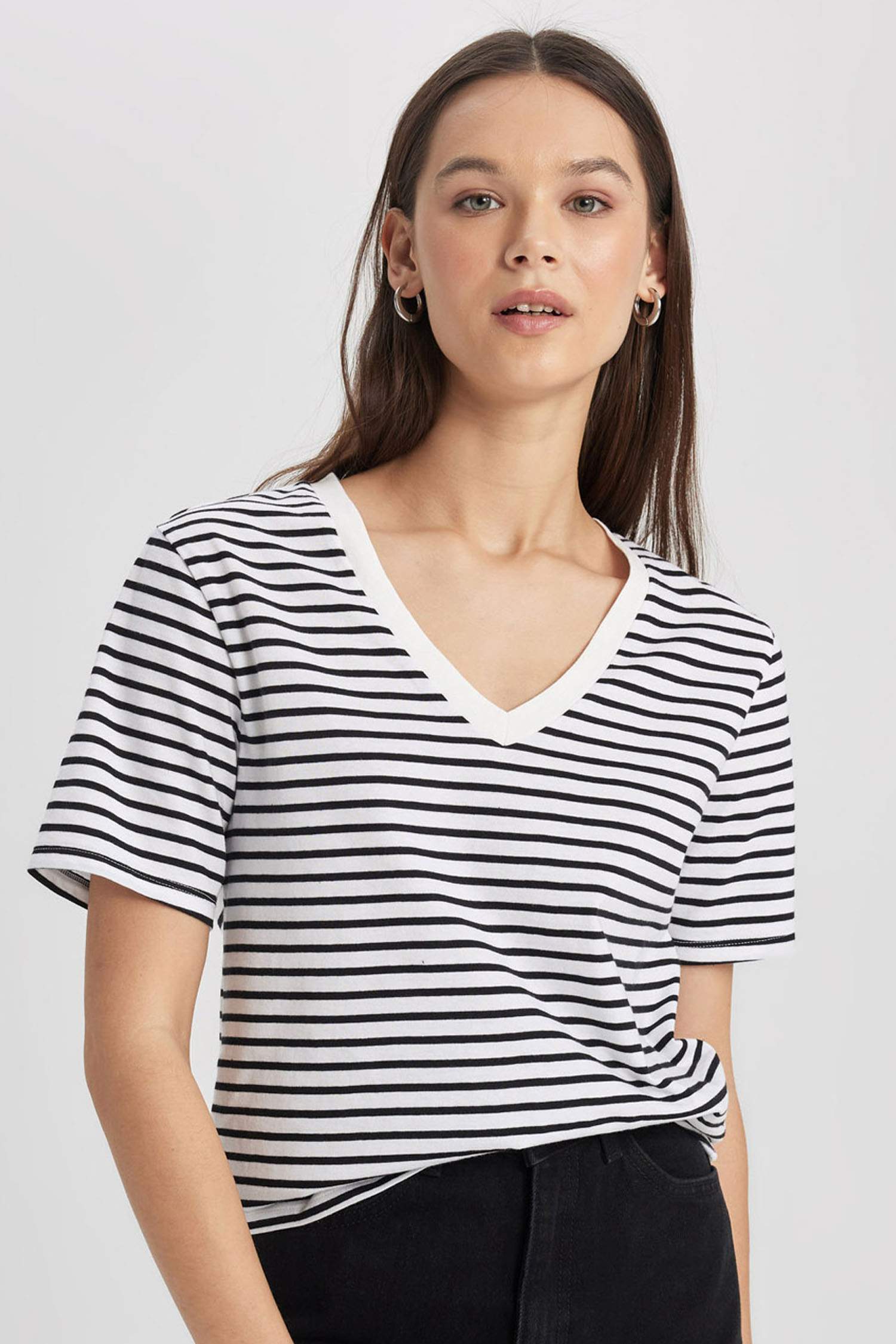 Regular Fit V Neck Striped Basic T-Shirt