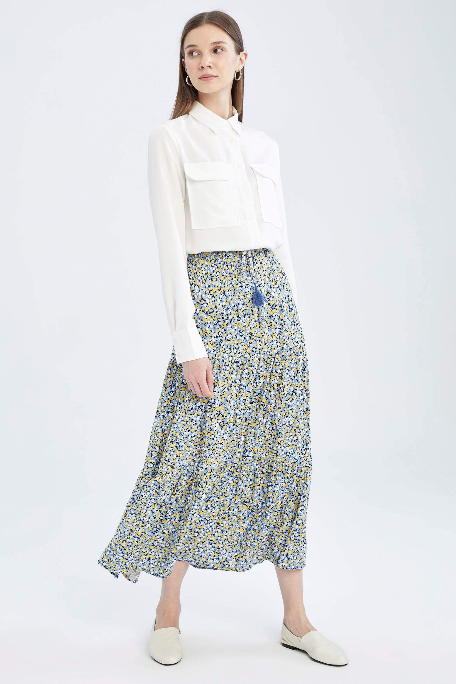 A Kesim Floral Volanlı Maxi Etek