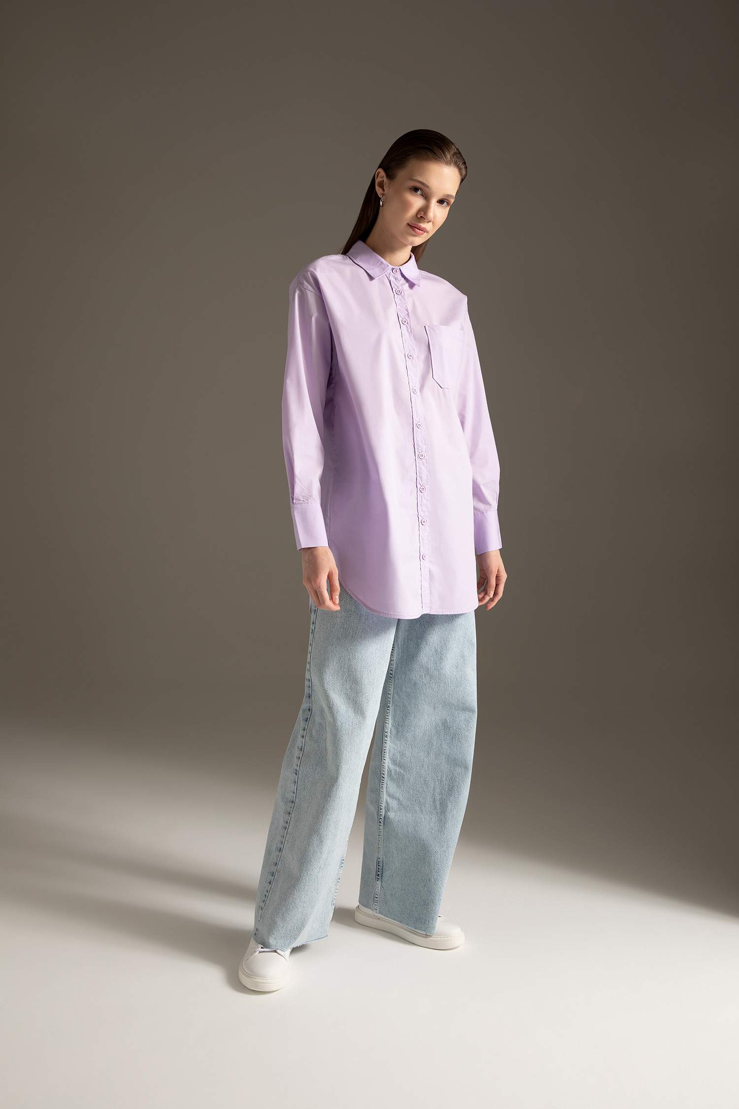 Regular Fit Tek Cepli Uzun Kollu Poplin Gömlek %100 Pamuk Tunik