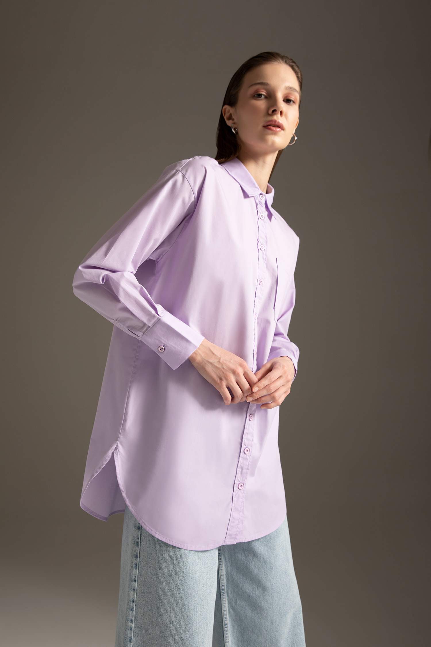 Regular Fit Tek Cepli Uzun Kollu Poplin Gömlek %100 Pamuk Tunik