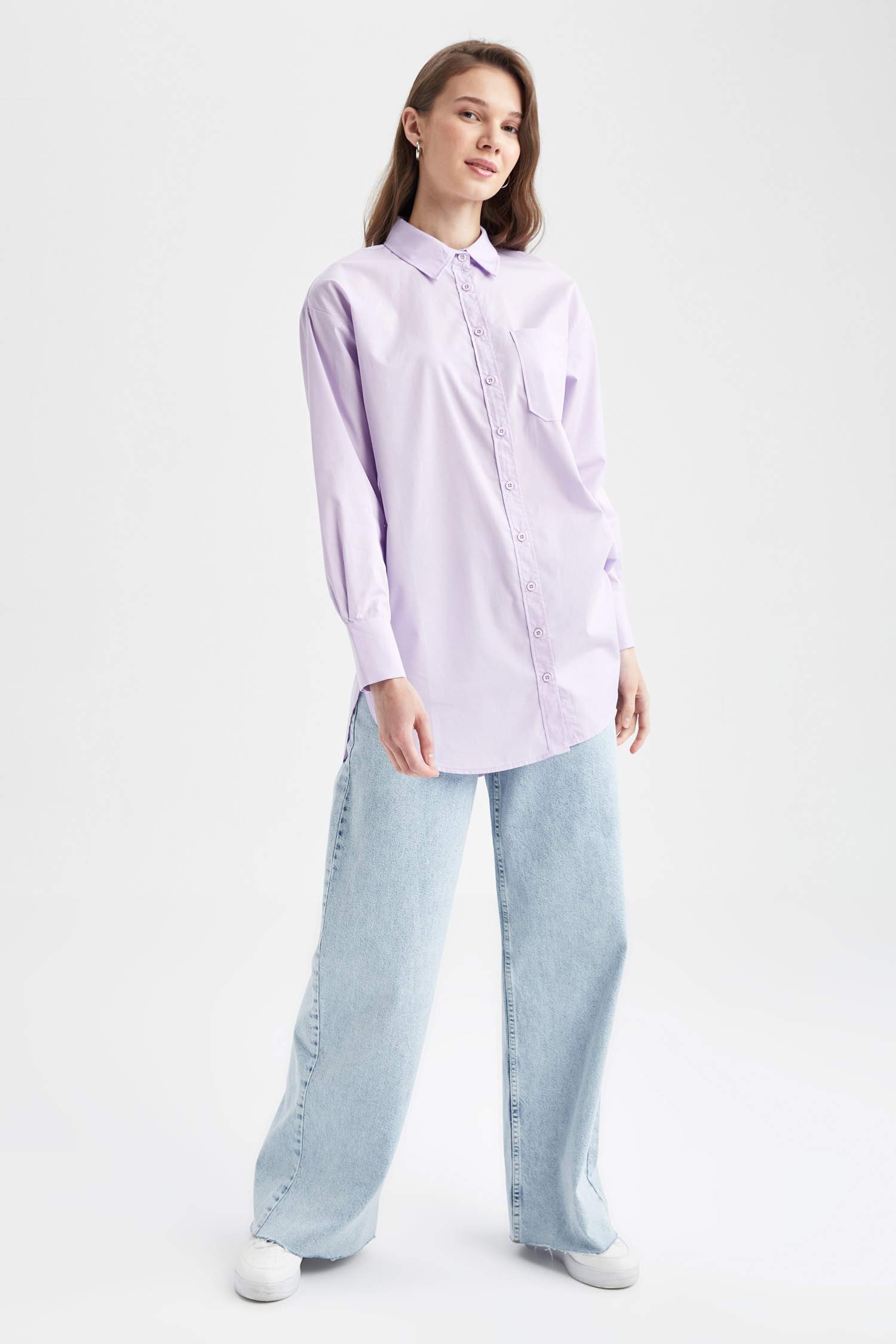 Regular Fit Tek Cepli Uzun Kollu Poplin Gömlek %100 Pamuk Tunik