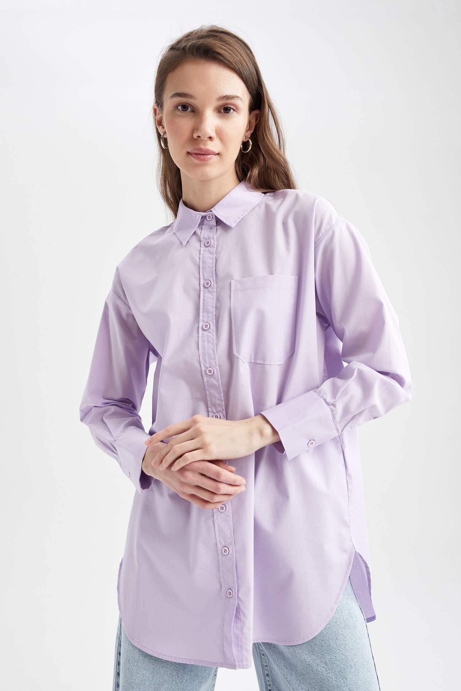 Regular Fit Tek Cepli Uzun Kollu Poplin Gömlek %100 Pamuk Tunik