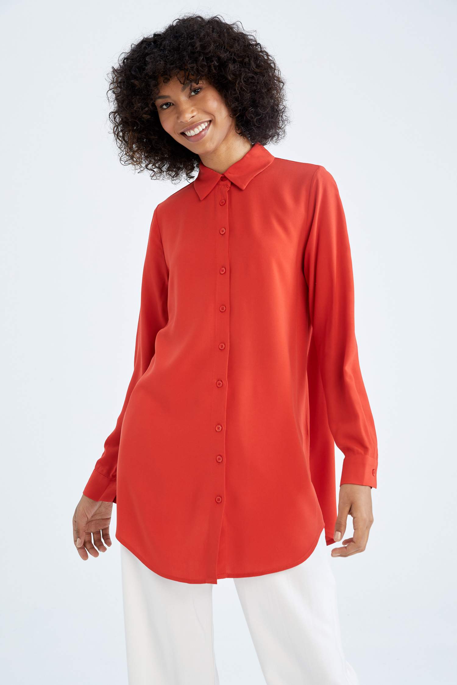 Red WOMEN Regular Fit Viscose Shirt Collar Long Sleeve Tunic 2641146