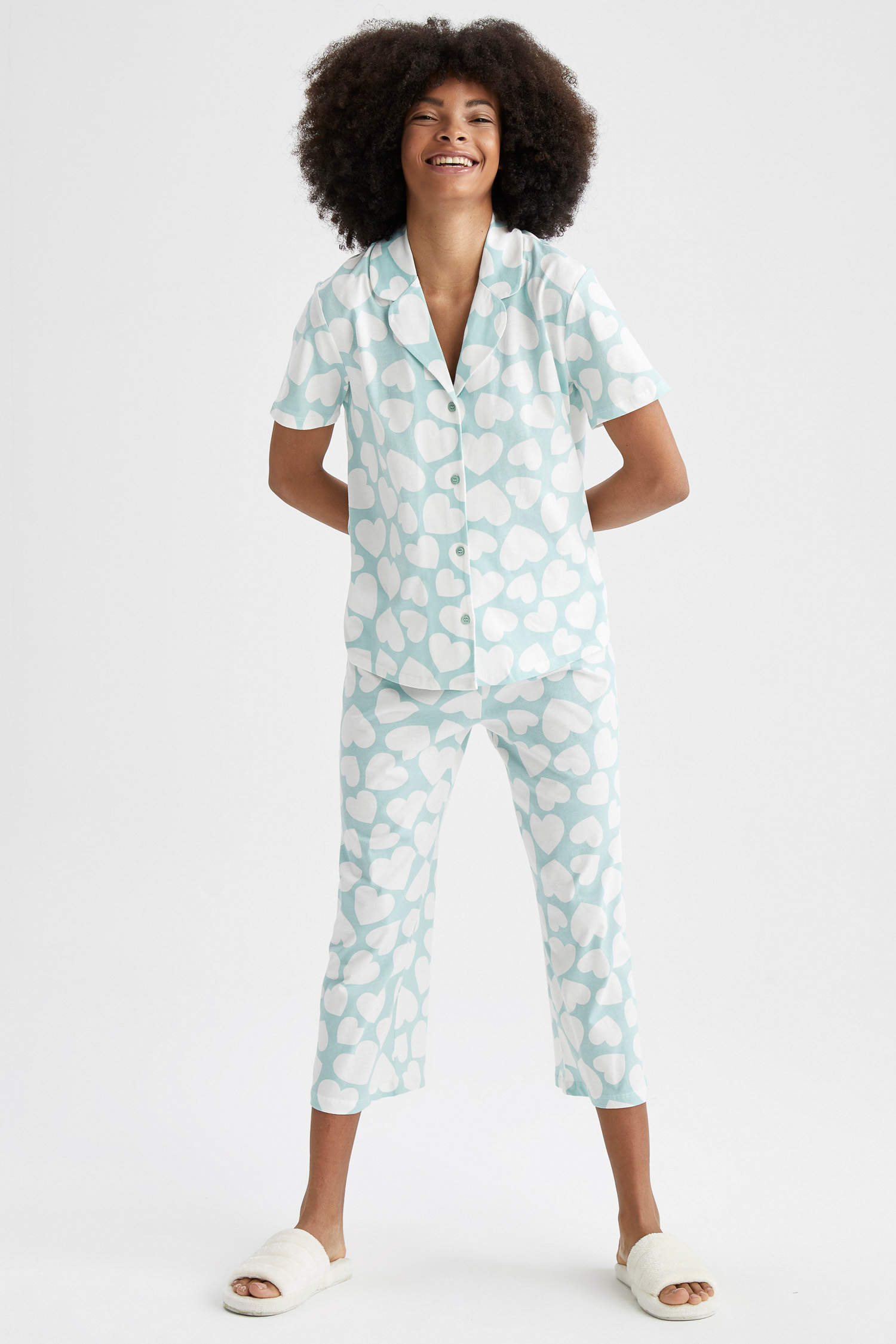 Fall In Love Relax Fit Bulut Desenli Gömlek Yaka Uzun Kollu Pamuklu Pijama Takım