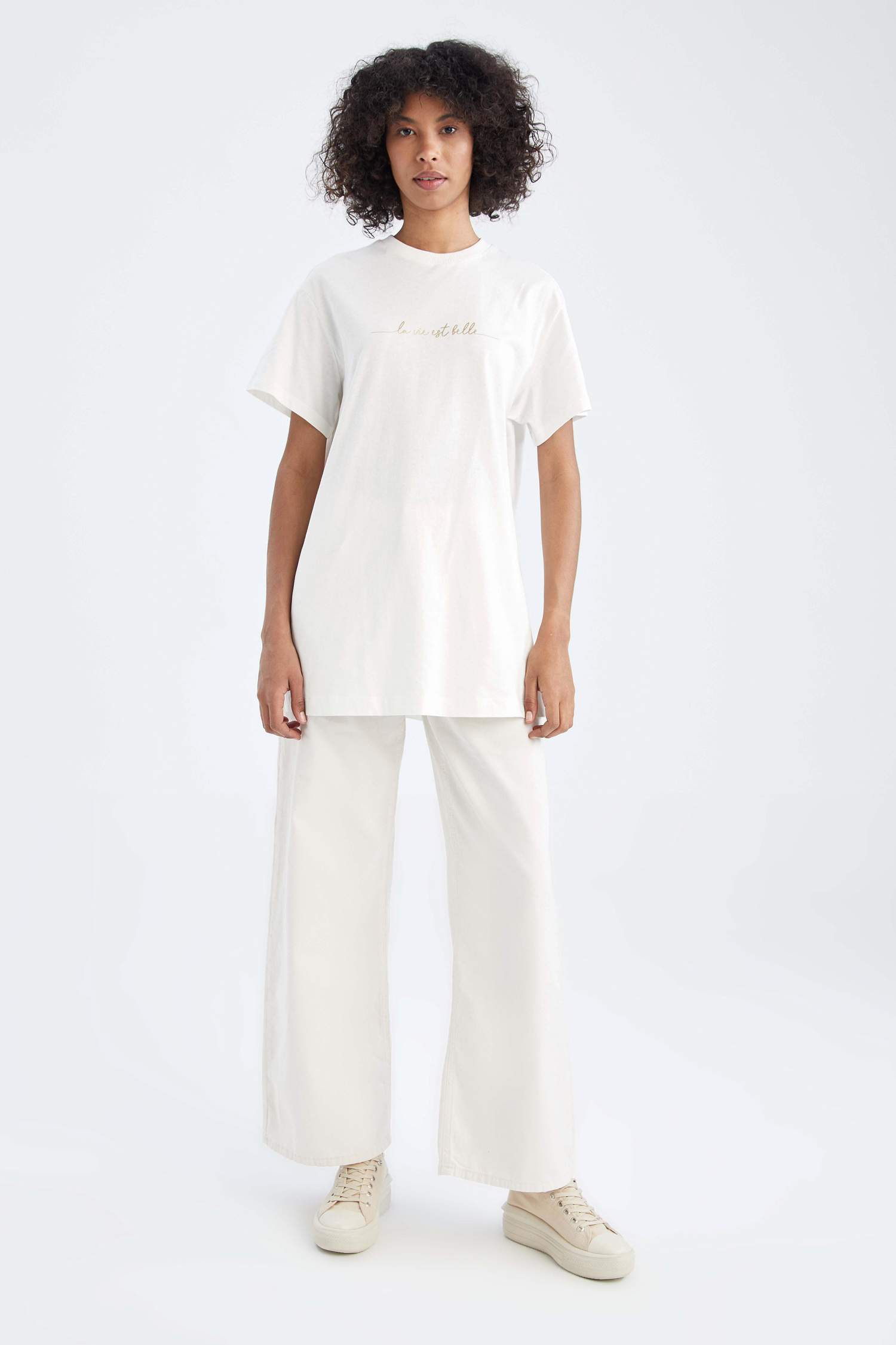 Regular Fit Varak Slogan Baskılı %100 Pamuk Tunik