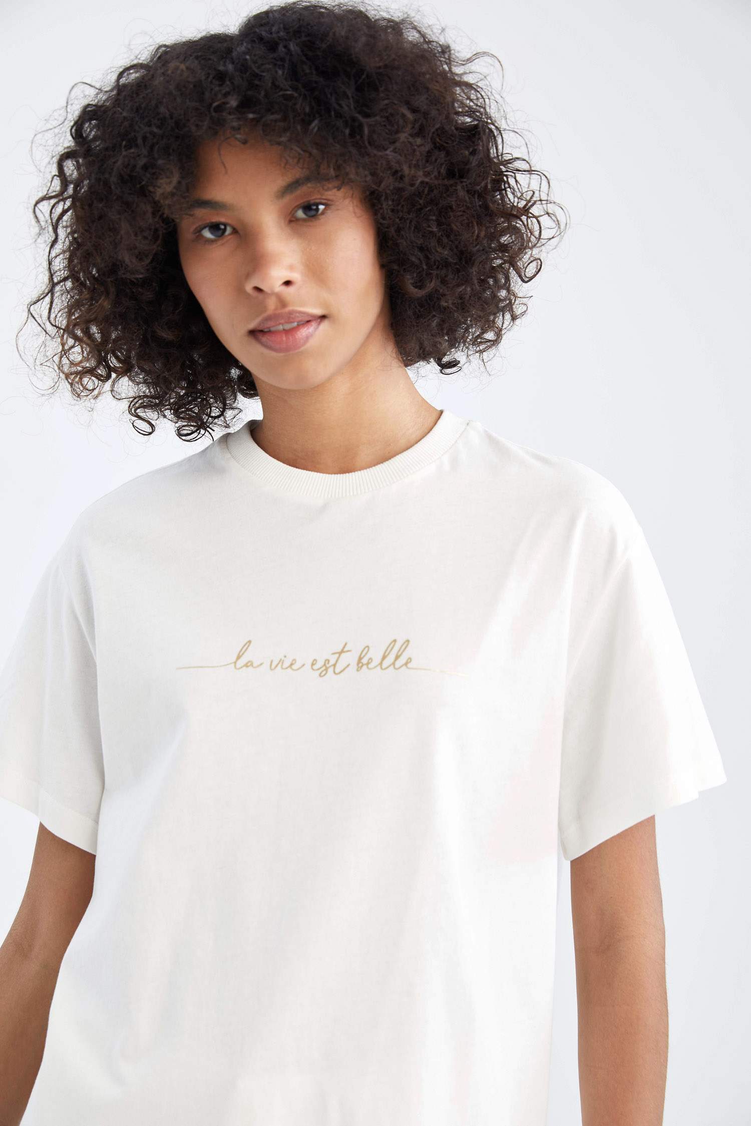 Regular Fit Varak Slogan Baskılı %100 Pamuk Tunik