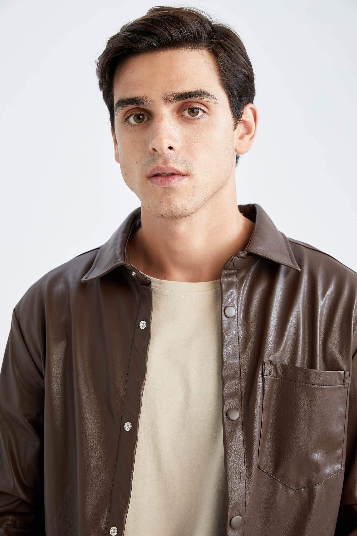 Regular Fit Uzun Kollu Suni Deri Gömlek Ceket