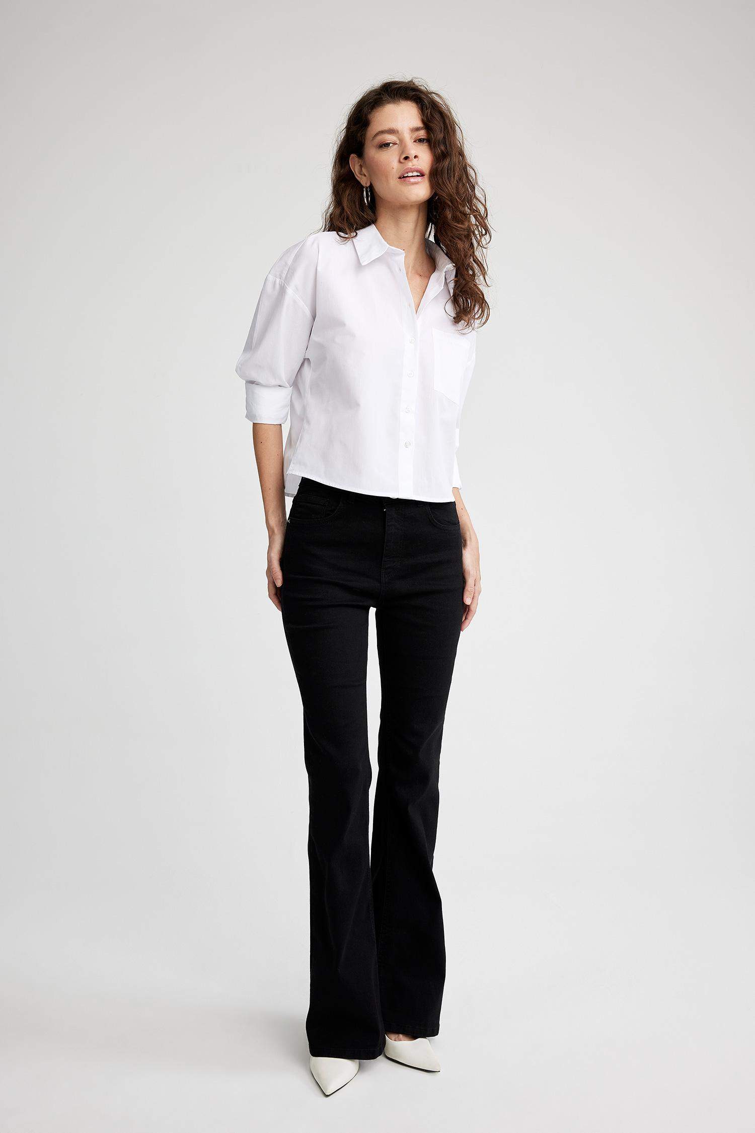 White WOMAN Crop Shirt Collar Poplin Long Sleeve Shirt 2441752 | DeFacto