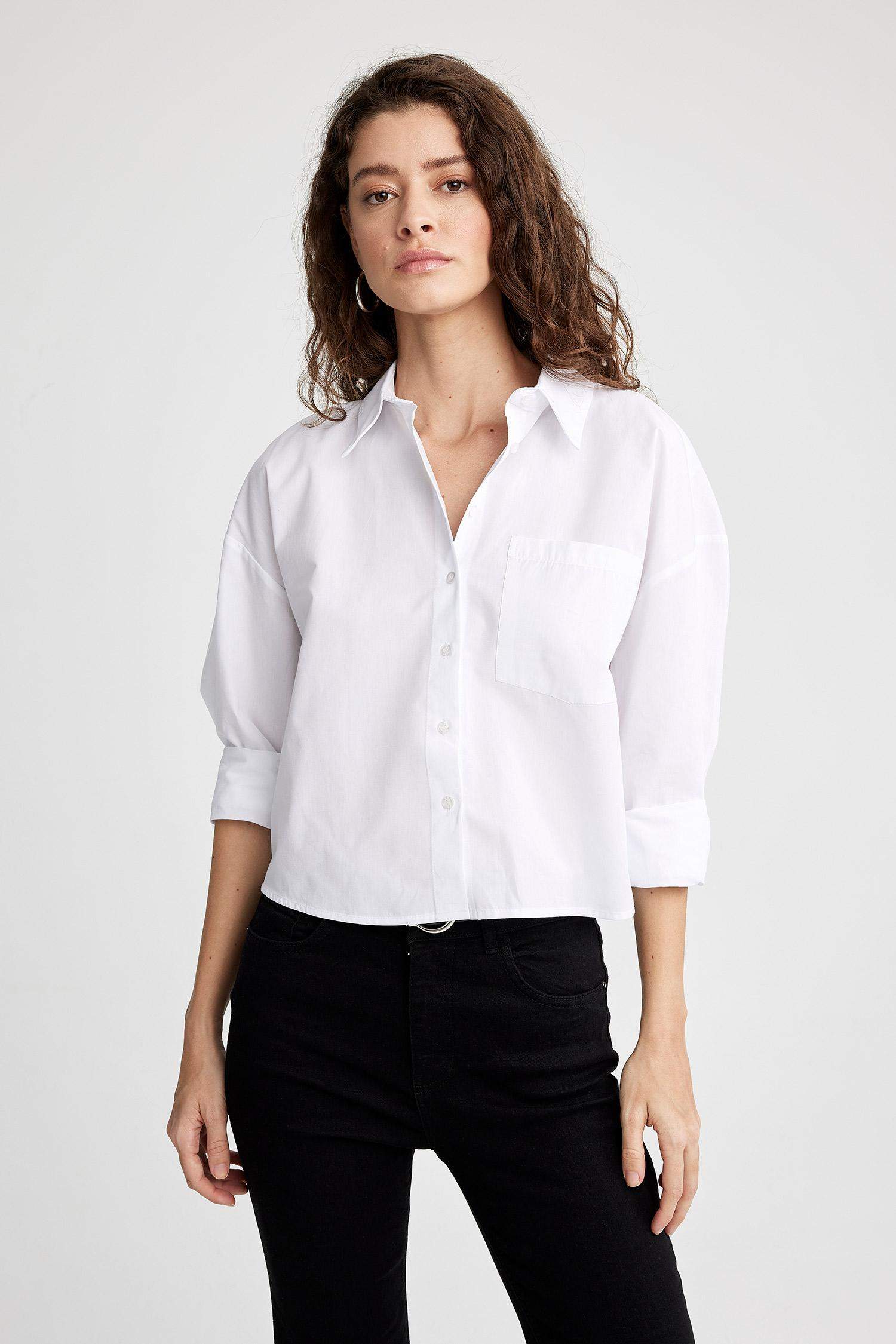 White WOMAN Crop Shirt Collar Poplin Long Sleeve Shirt 2441752 DeFacto