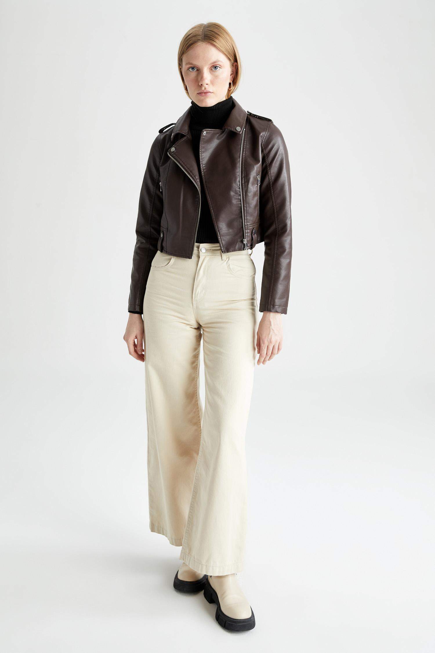 Regular Fit Faux Leather Crop Biker Jacket