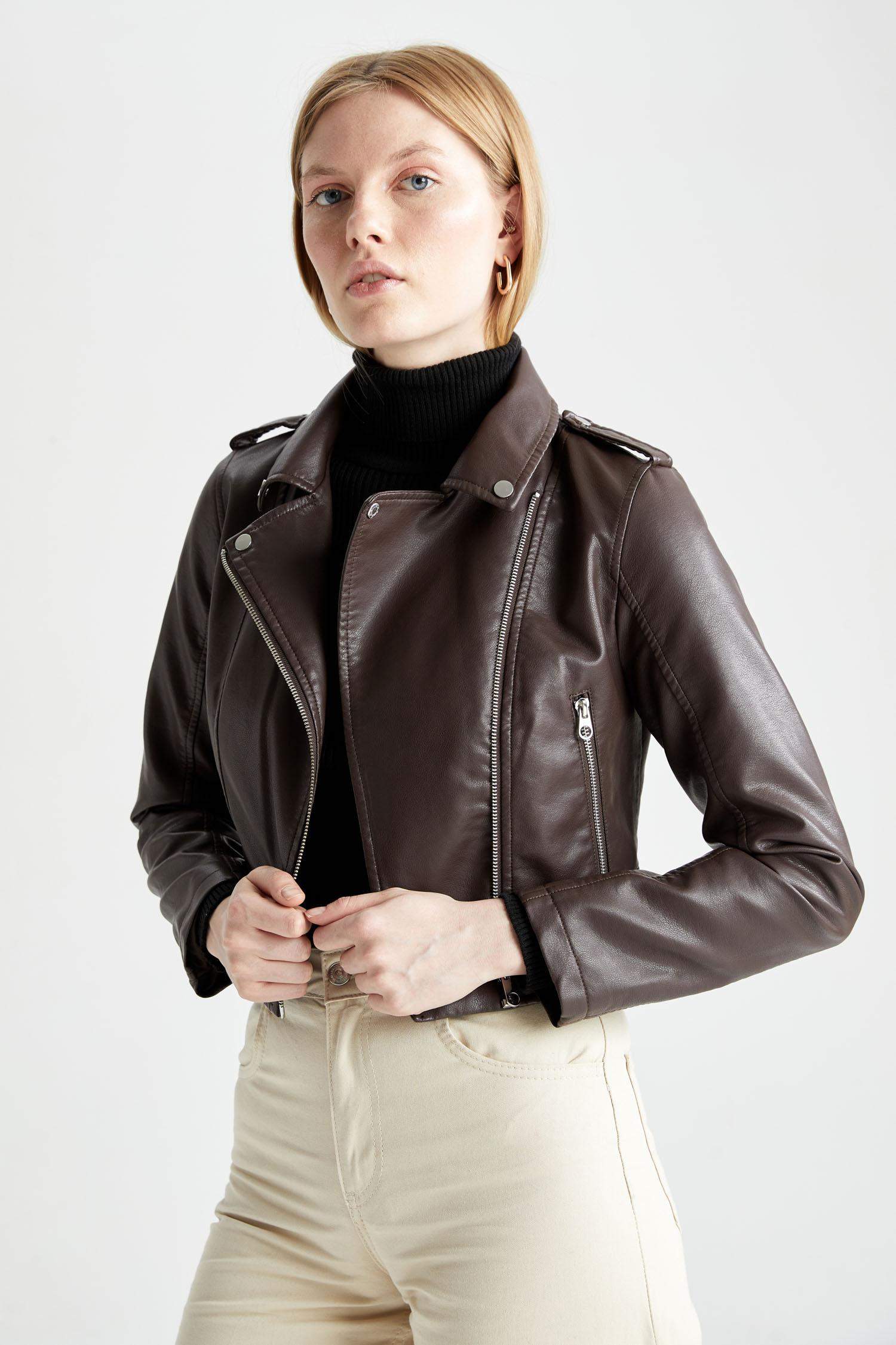 Regular Fit Faux Leather Crop Biker Jacket