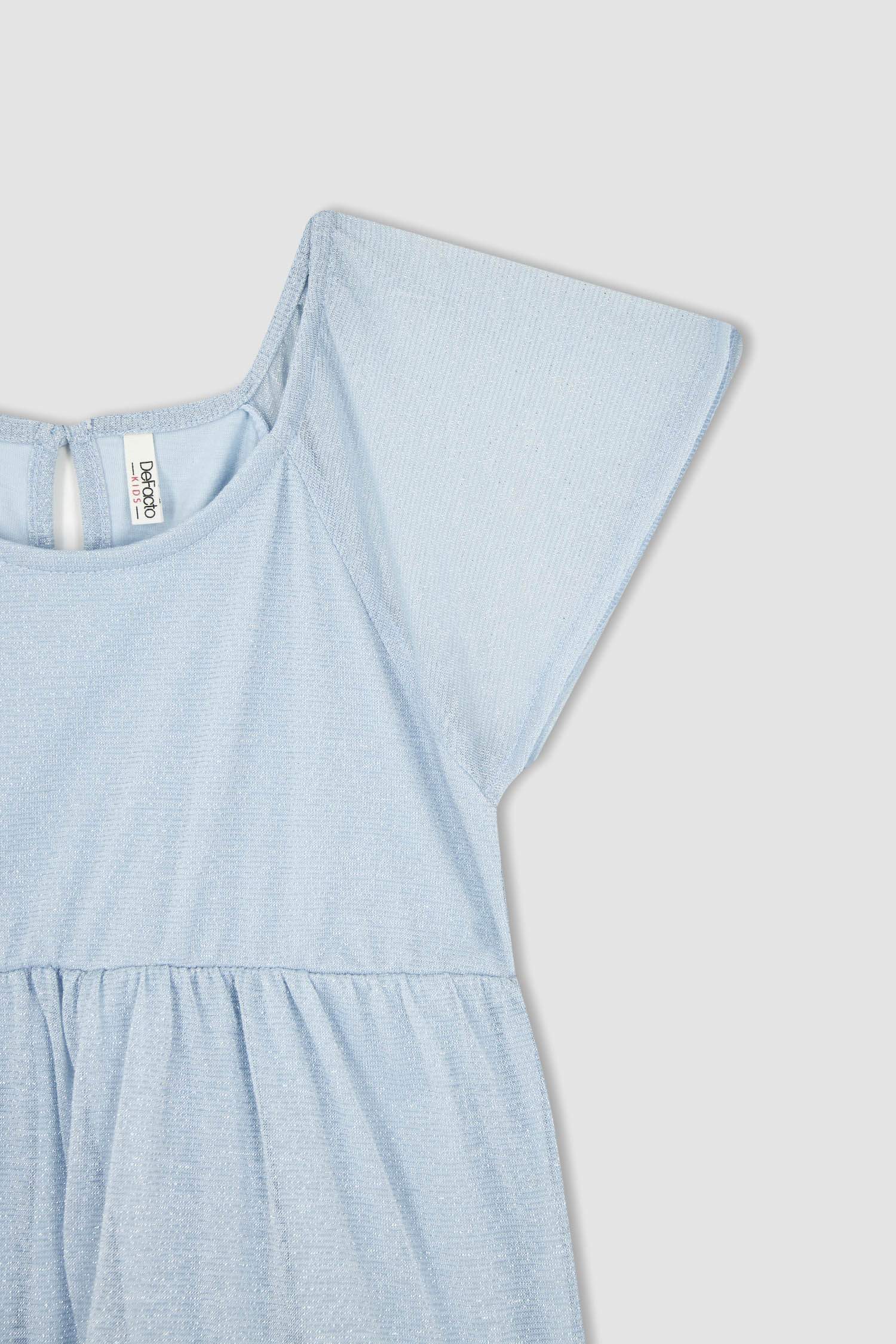 فستان بناتي صيفي لامع بياقة دائرية نص كم