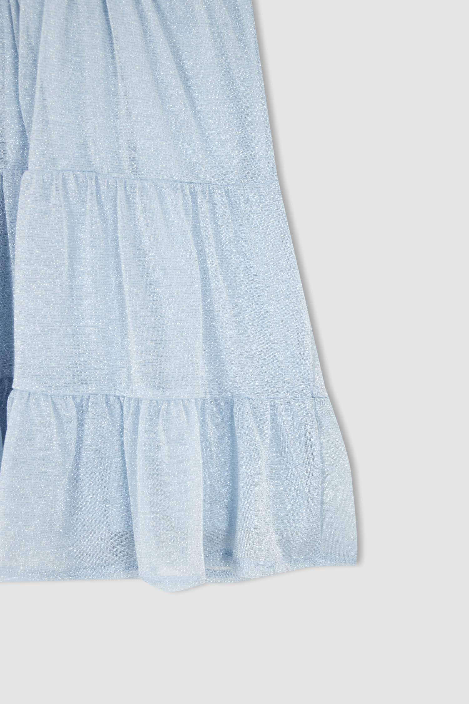 فستان بناتي صيفي لامع بياقة دائرية نص كم