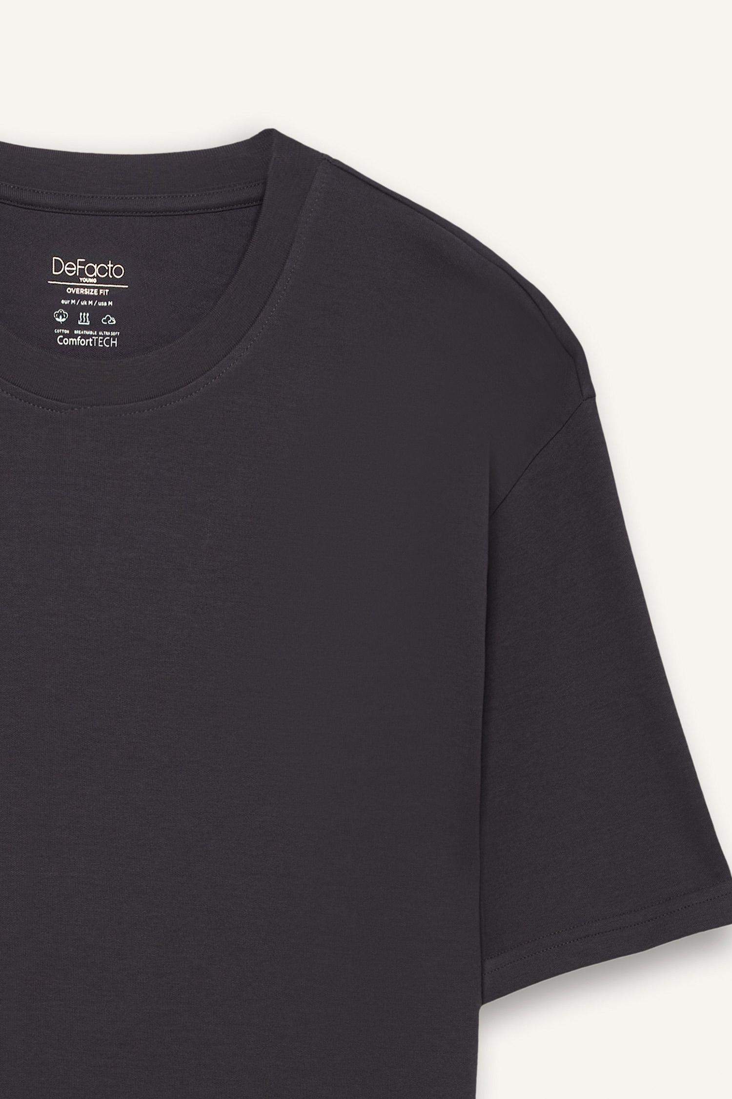 Oversize Geniş Kalıp Ütü Gerektirmeyen Bisiklet Yaka Kısa Kollu Basic Düz Ağır Kumaş Tişört