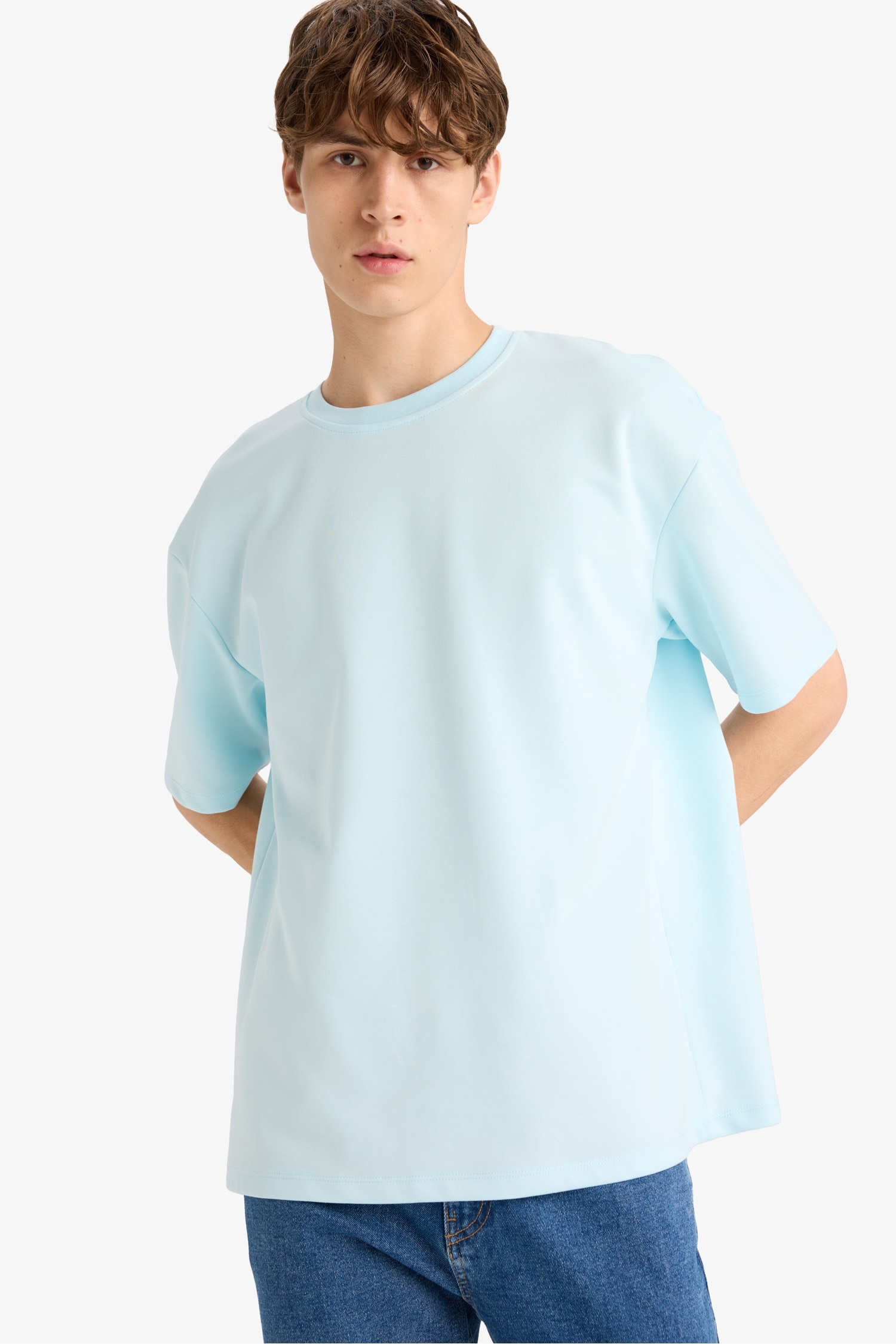 Oversize Geniş Kalıp Ütü Gerektirmeyen Bisiklet Yaka Kısa Kollu Basic Düz Ağır Kumaş Tişört