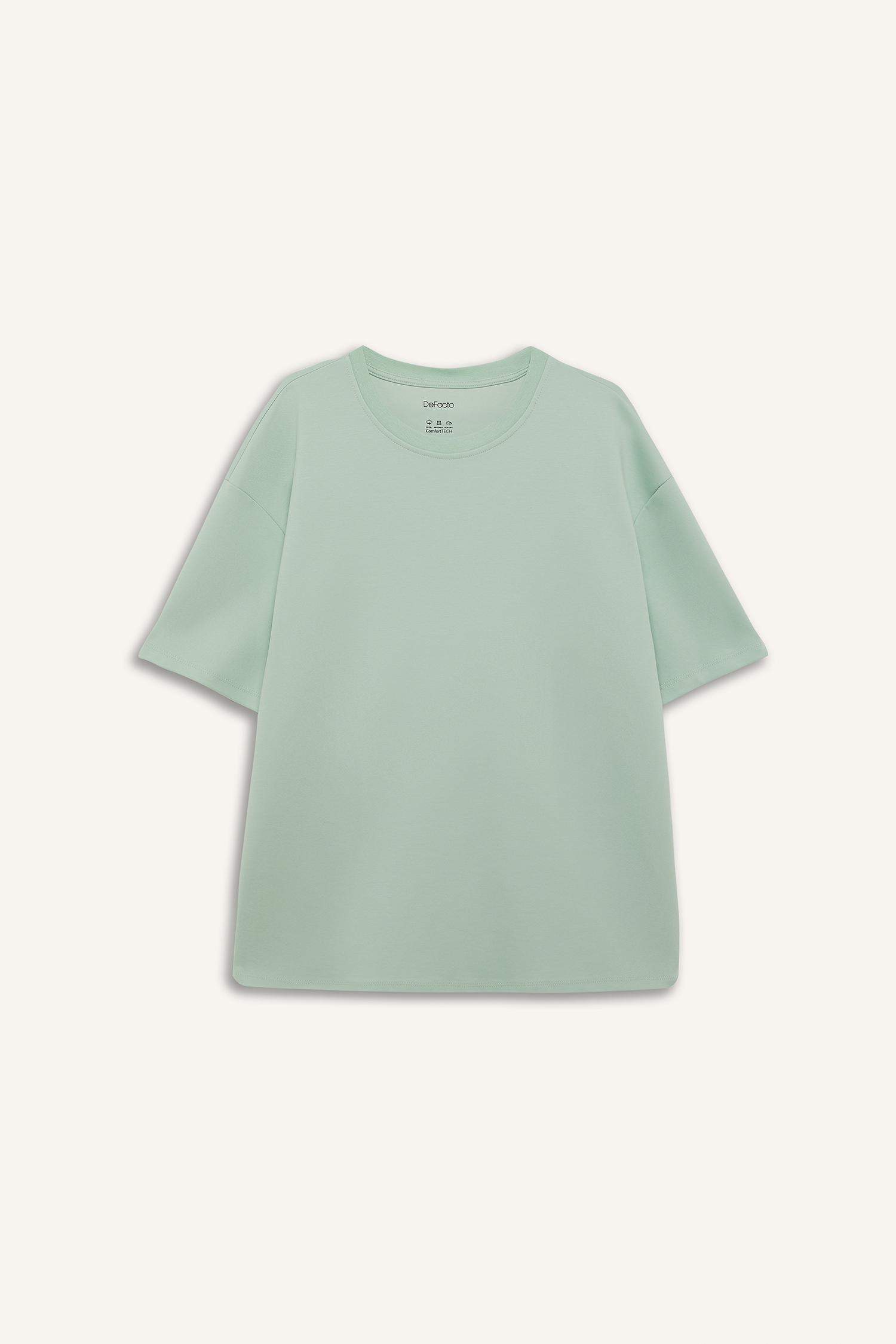 Oversize Geniş Kalıp Ütü Gerektirmeyen Bisiklet Yaka Kısa Kollu Basic Düz Ağır Kumaş Tişört