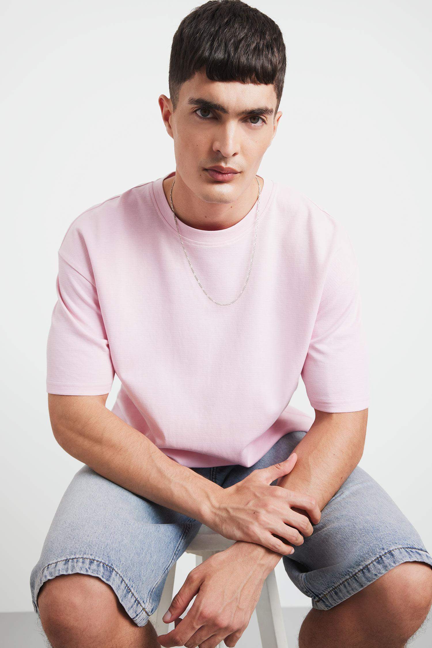 Oversize Geniş Kalıp Ütü Gerektirmeyen Bisiklet Yaka Kısa Kollu Basic Düz Ağır Kumaş Tişört