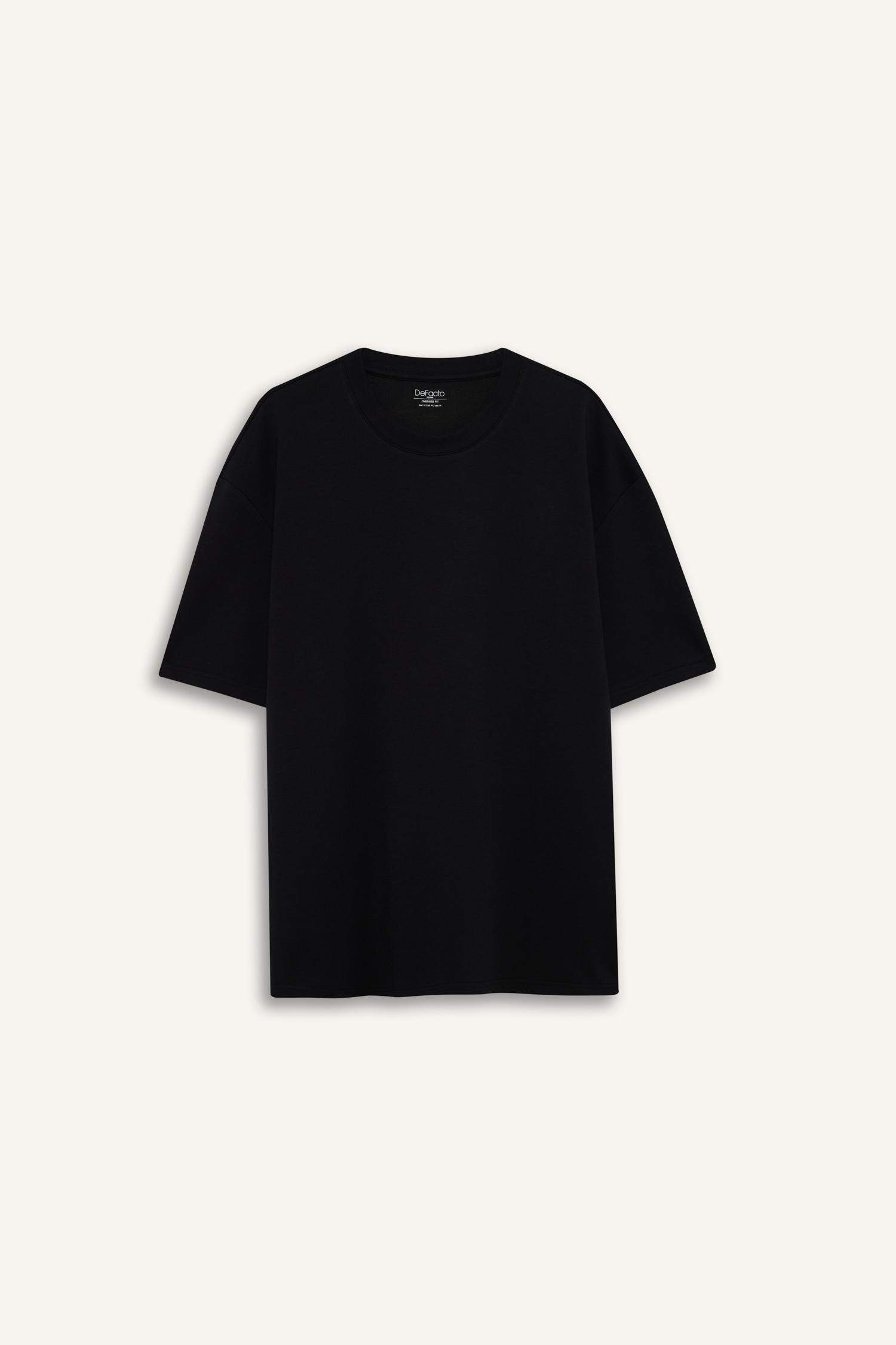 Oversize Geniş Kalıp Bisiklet Yaka Kısa Kollu Basic Düz Ağır Kumaş Tişört