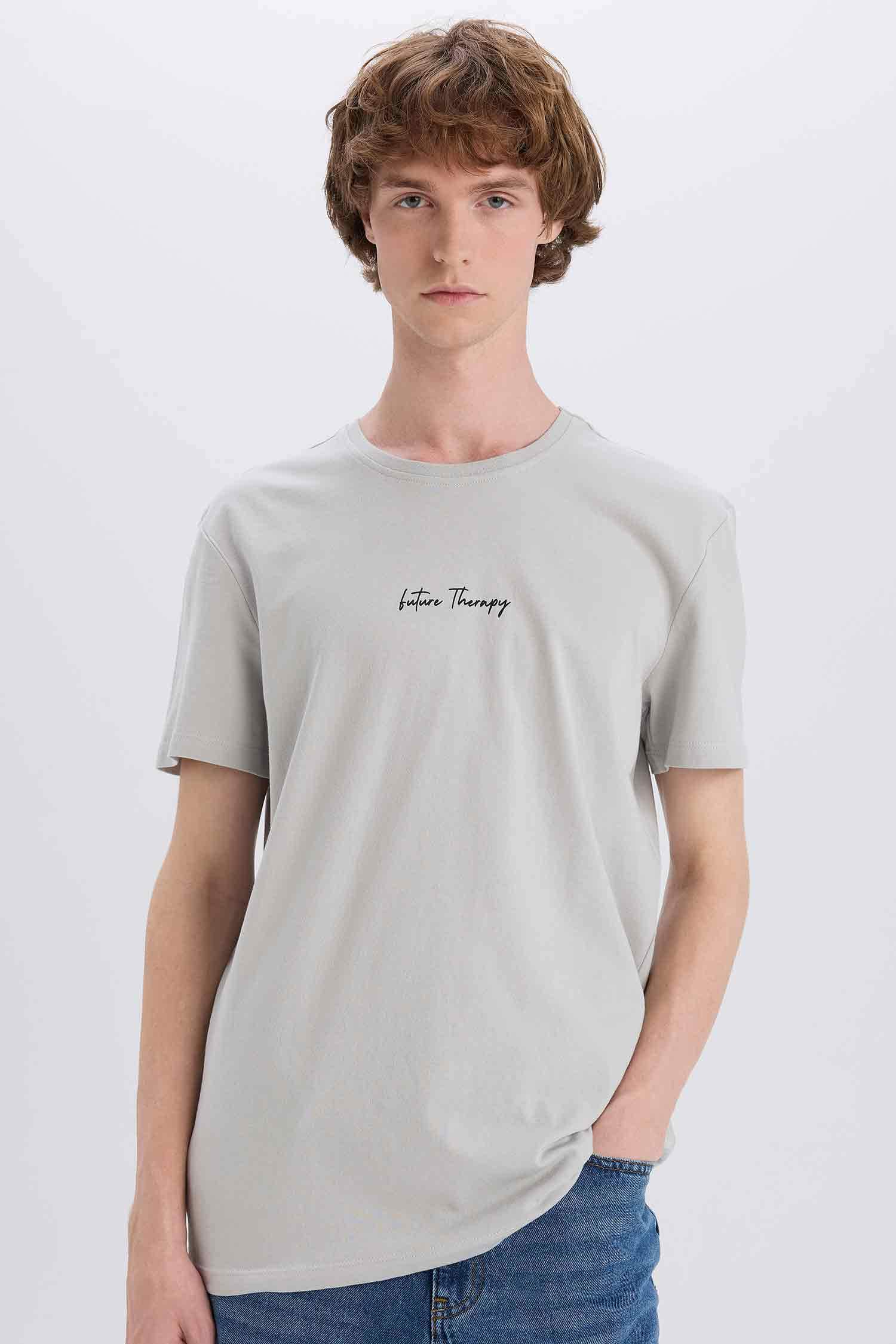 %100 Pamuk Slim Fit Dar Kesim Bisiklet Yaka Baskılı Kısa Kollu Tişört