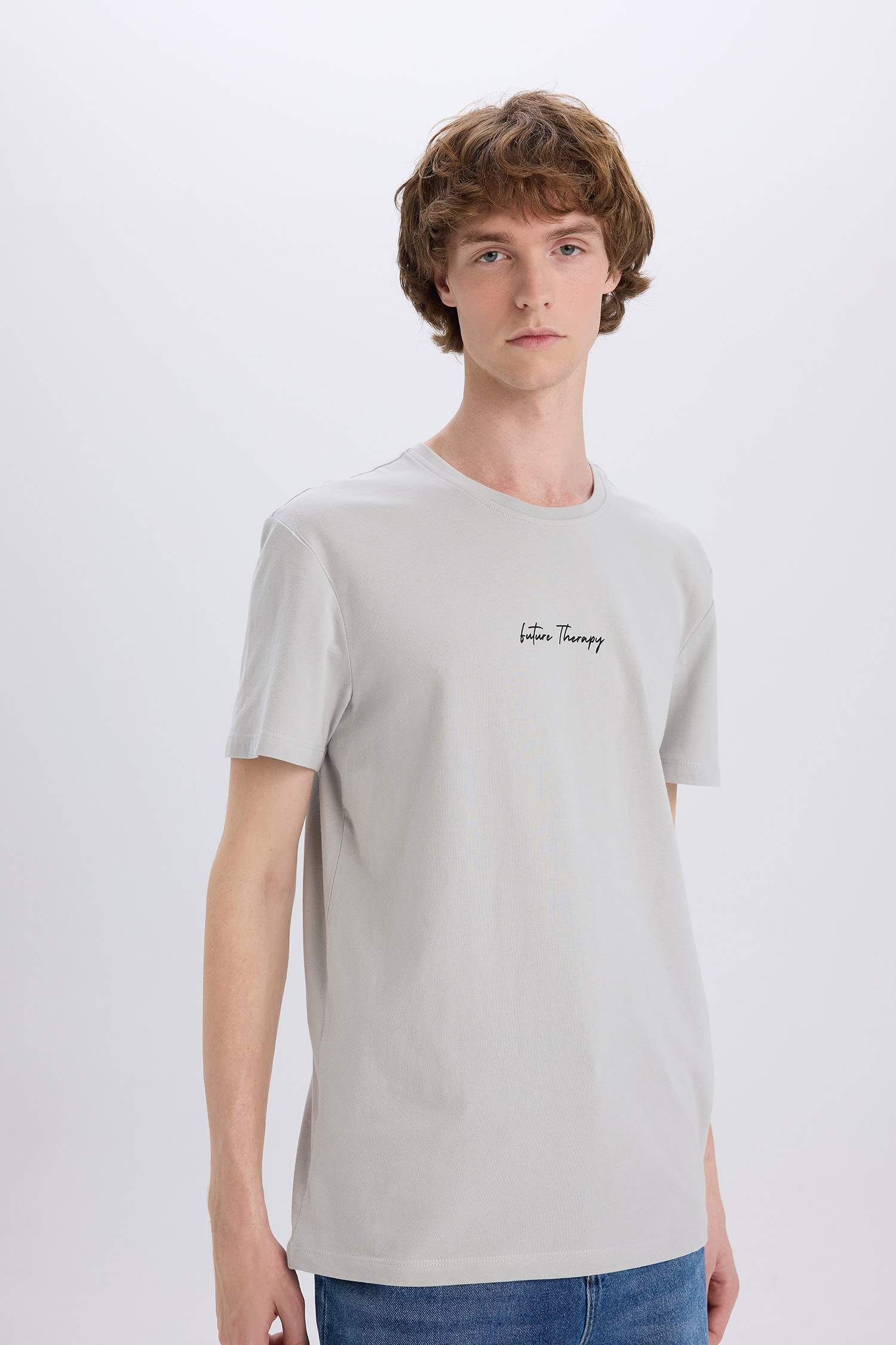 %100 Pamuk Slim Fit Dar Kesim Bisiklet Yaka Baskılı Kısa Kollu Tişört