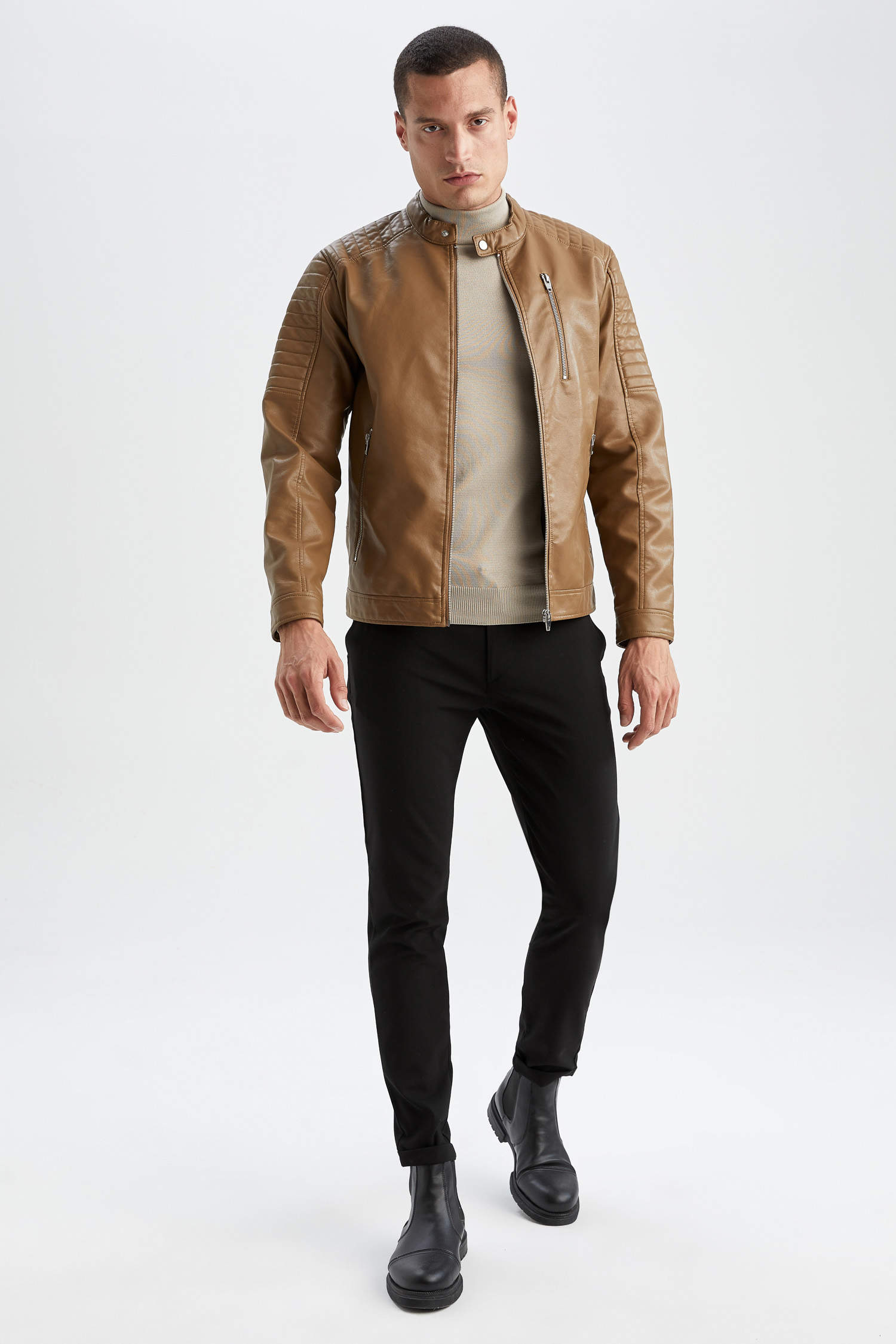 Brown MEN Slim Fit Faux Leather Faux Leather Coat 2510220 | DeFacto
