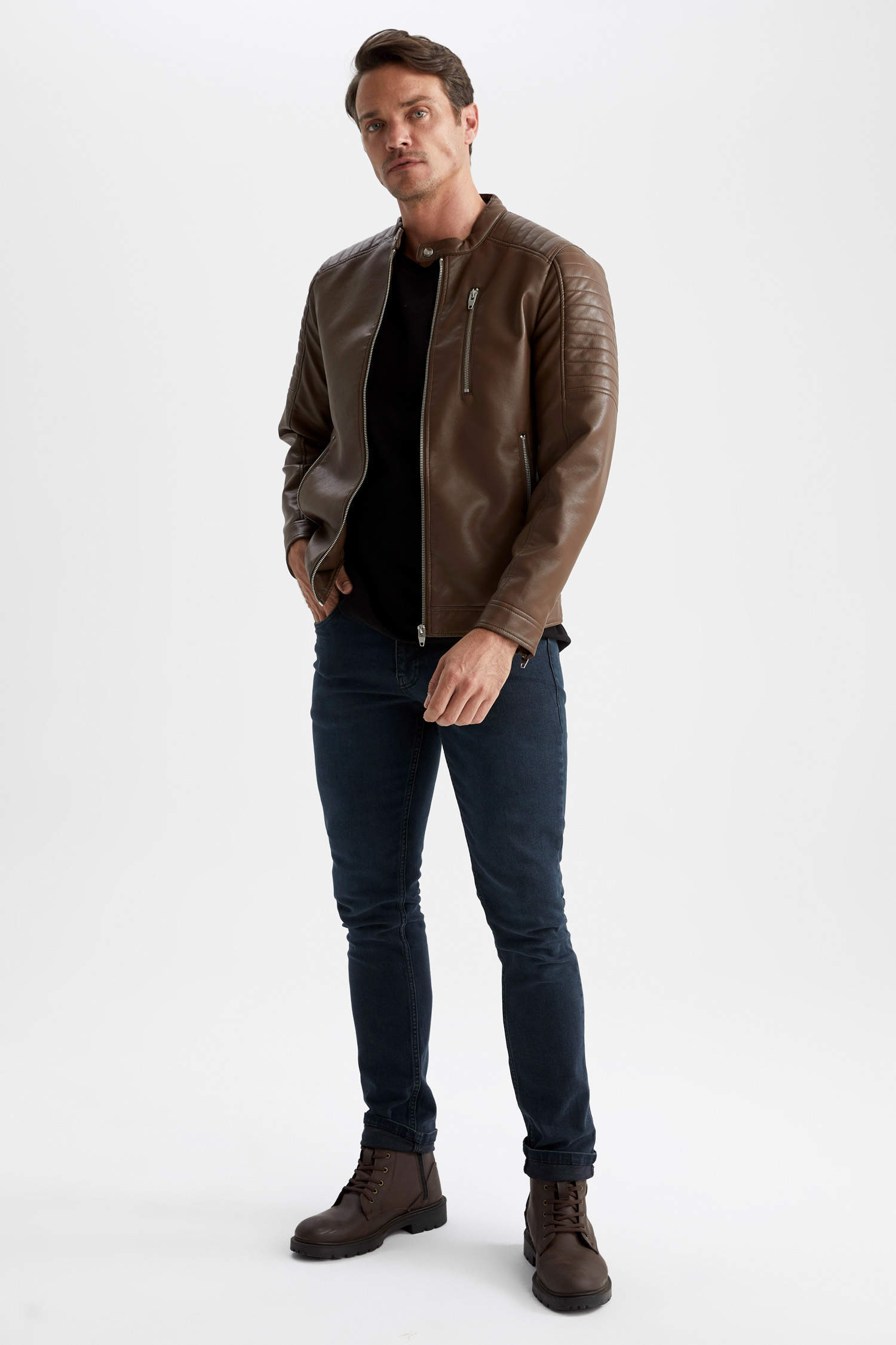 Brown MEN Slim Fit Leather Waterproof Faux Leather Jacket 2702881 | DeFacto