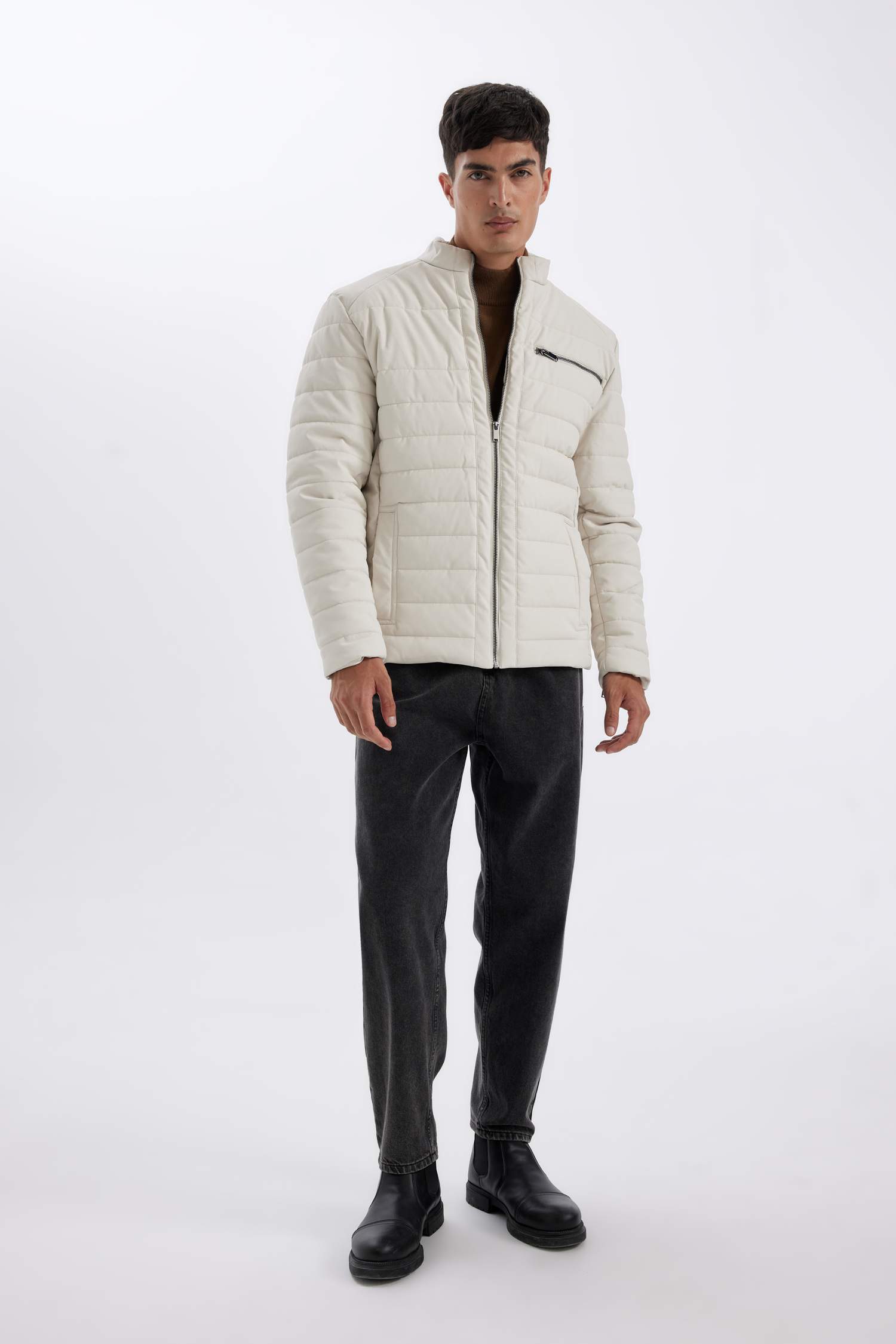 Su İtici Slim Fit Dar Kesim Dik Yaka Fermuarlı İç Cepli Suni Deri Ceket Mont