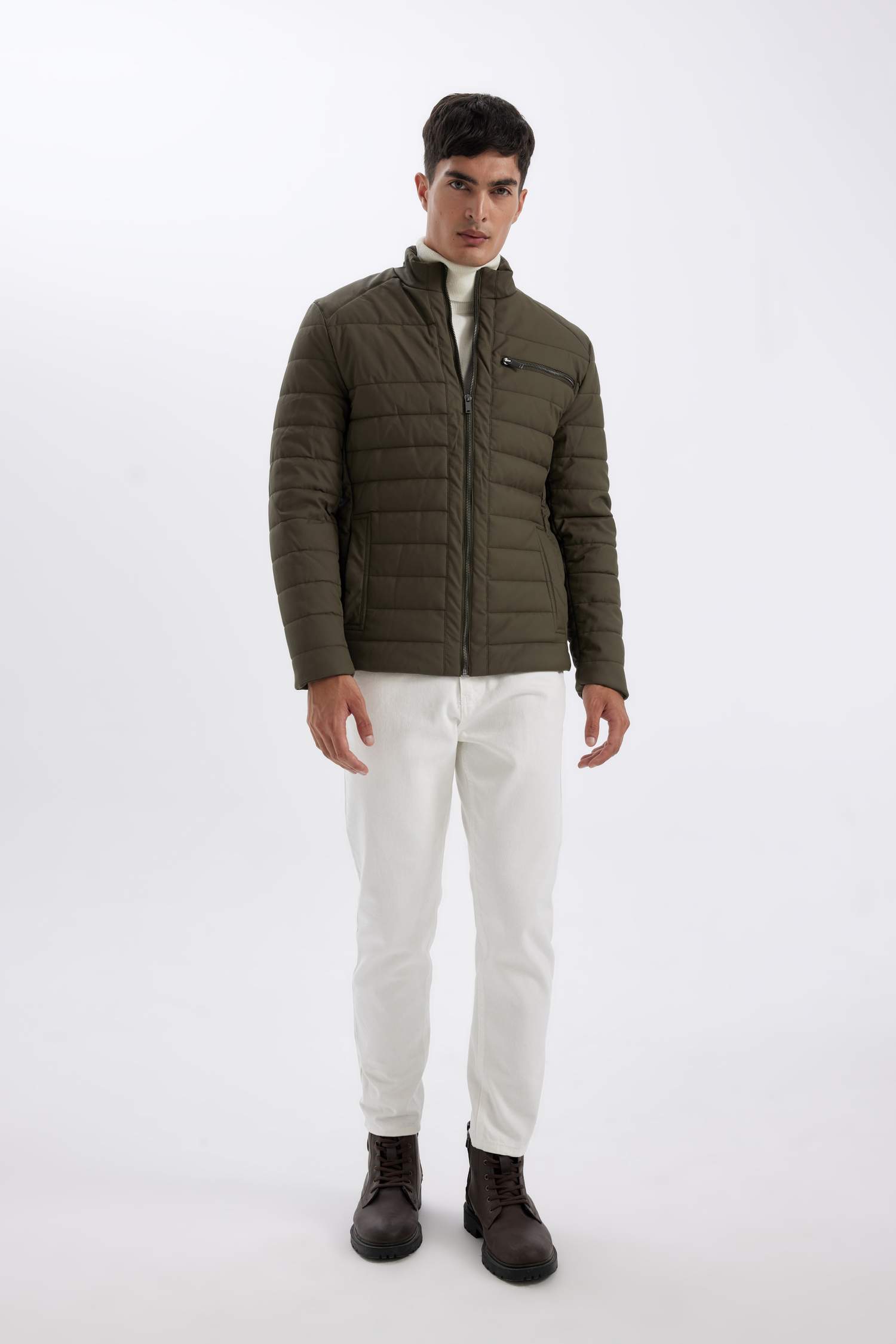 Su İtici Slim Fit Dar Kesim Dik Yaka Fermuarlı İç Cepli Suni Deri Ceket Mont