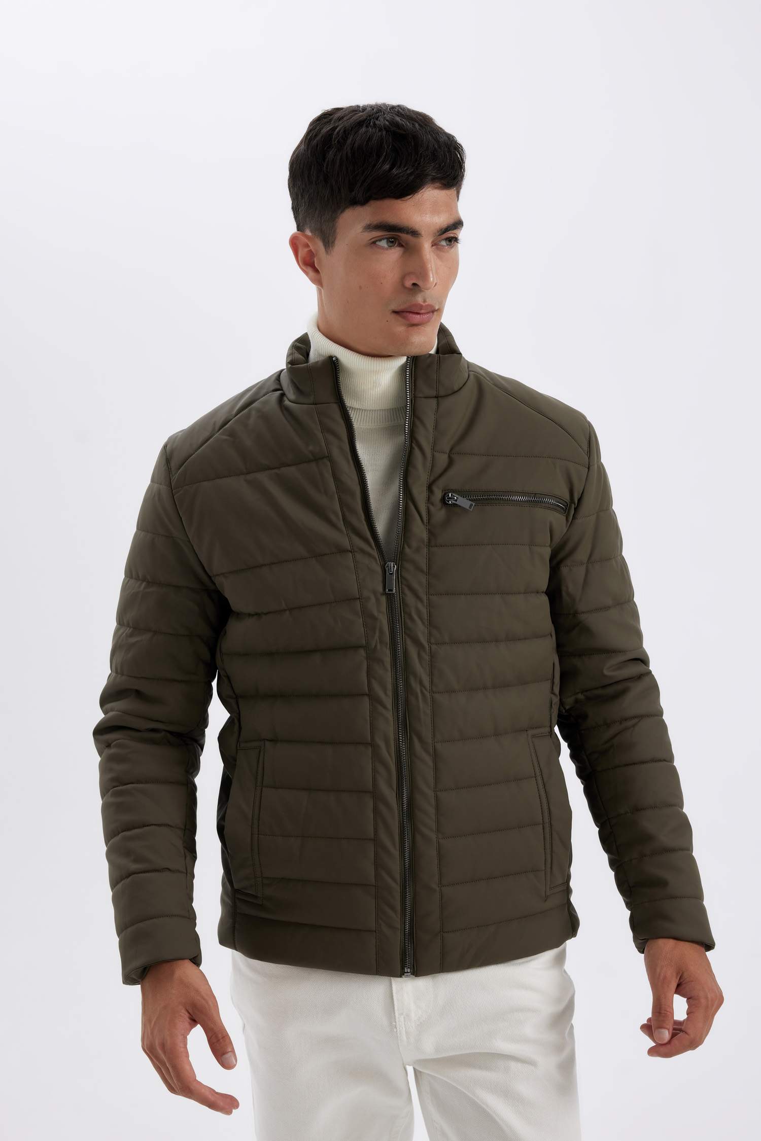 Su İtici Slim Fit Dar Kesim Dik Yaka Fermuarlı İç Cepli Suni Deri Ceket Mont