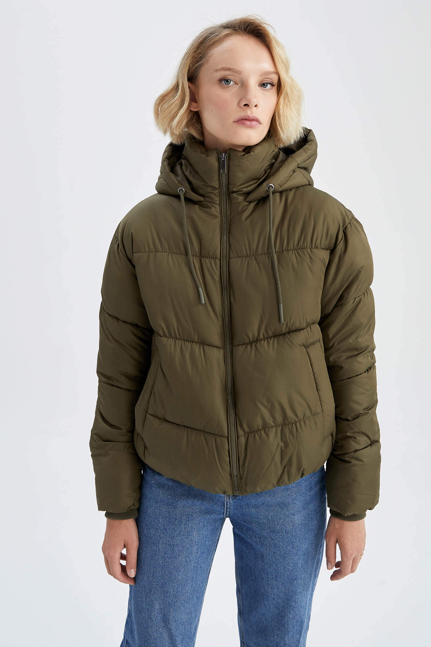 Khaki Woman Relax Fit Hooded Synthetic Lining Puffer Inflatable Coat  2489286