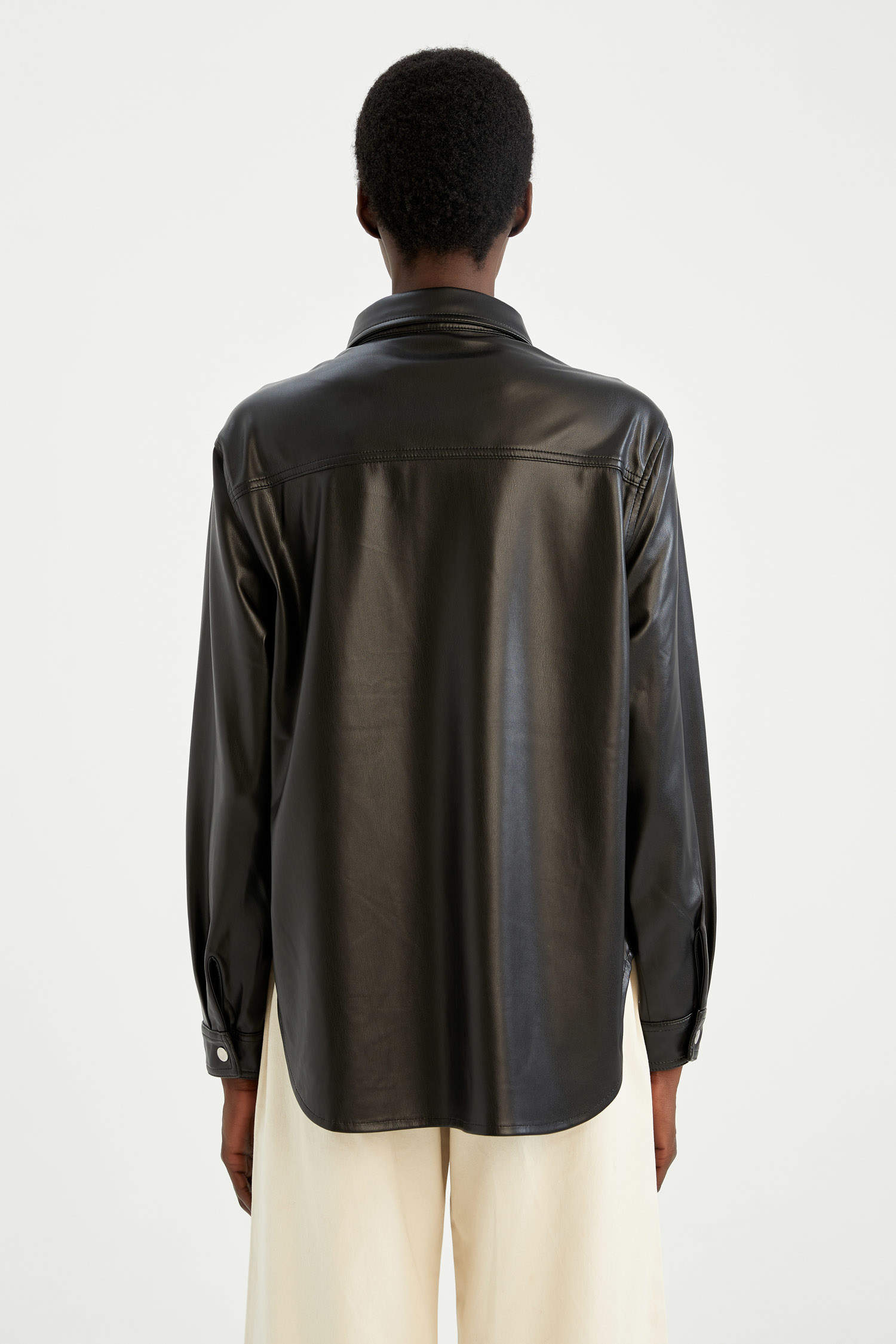 Black Woman Oversize Fit Faux Leather Long Sleeve Shirt 2460896 | DeFacto