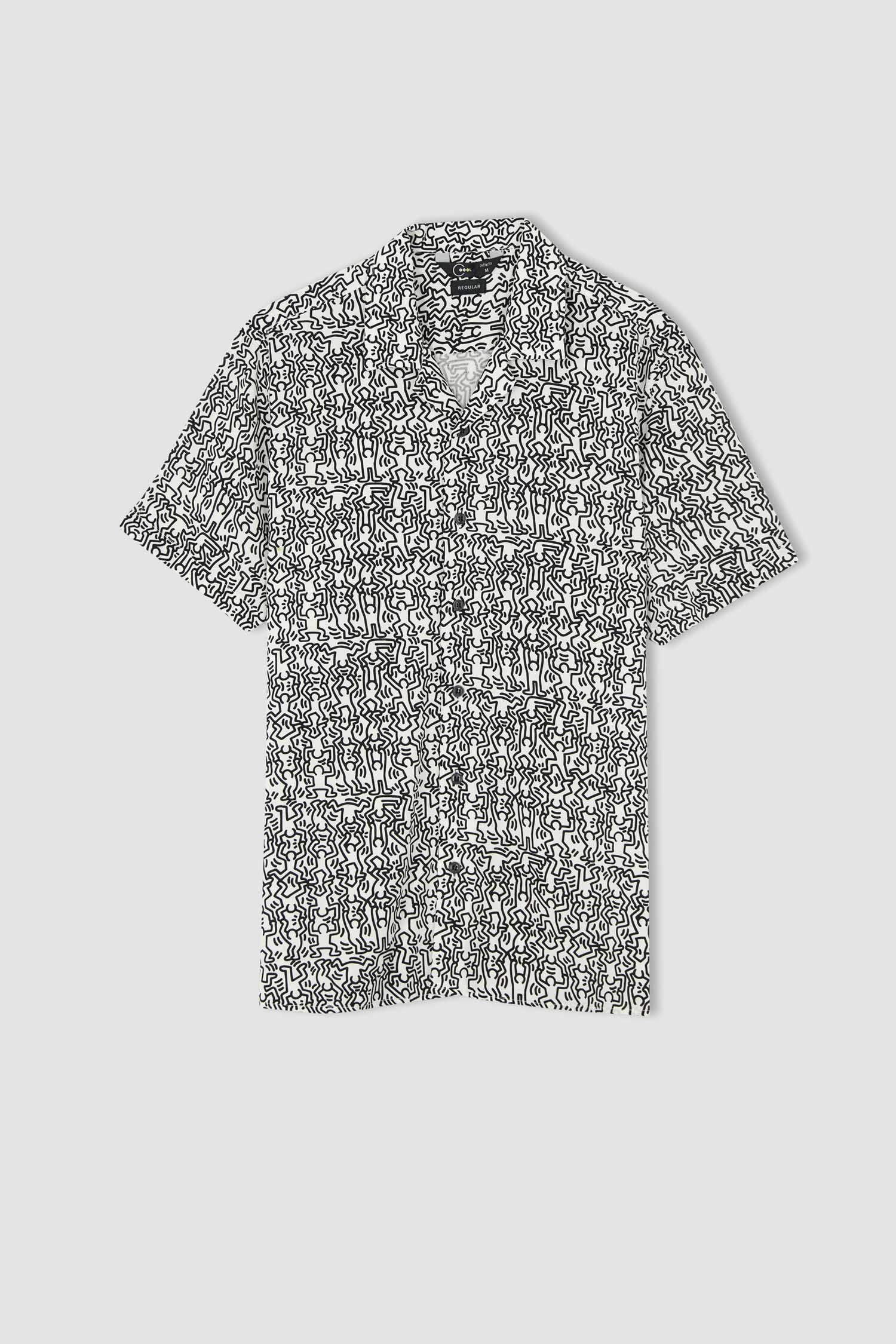 Defacto Coool Keith Haring Regular Fit Kısa Kollu Viskon Hawaii Gömlek. 6