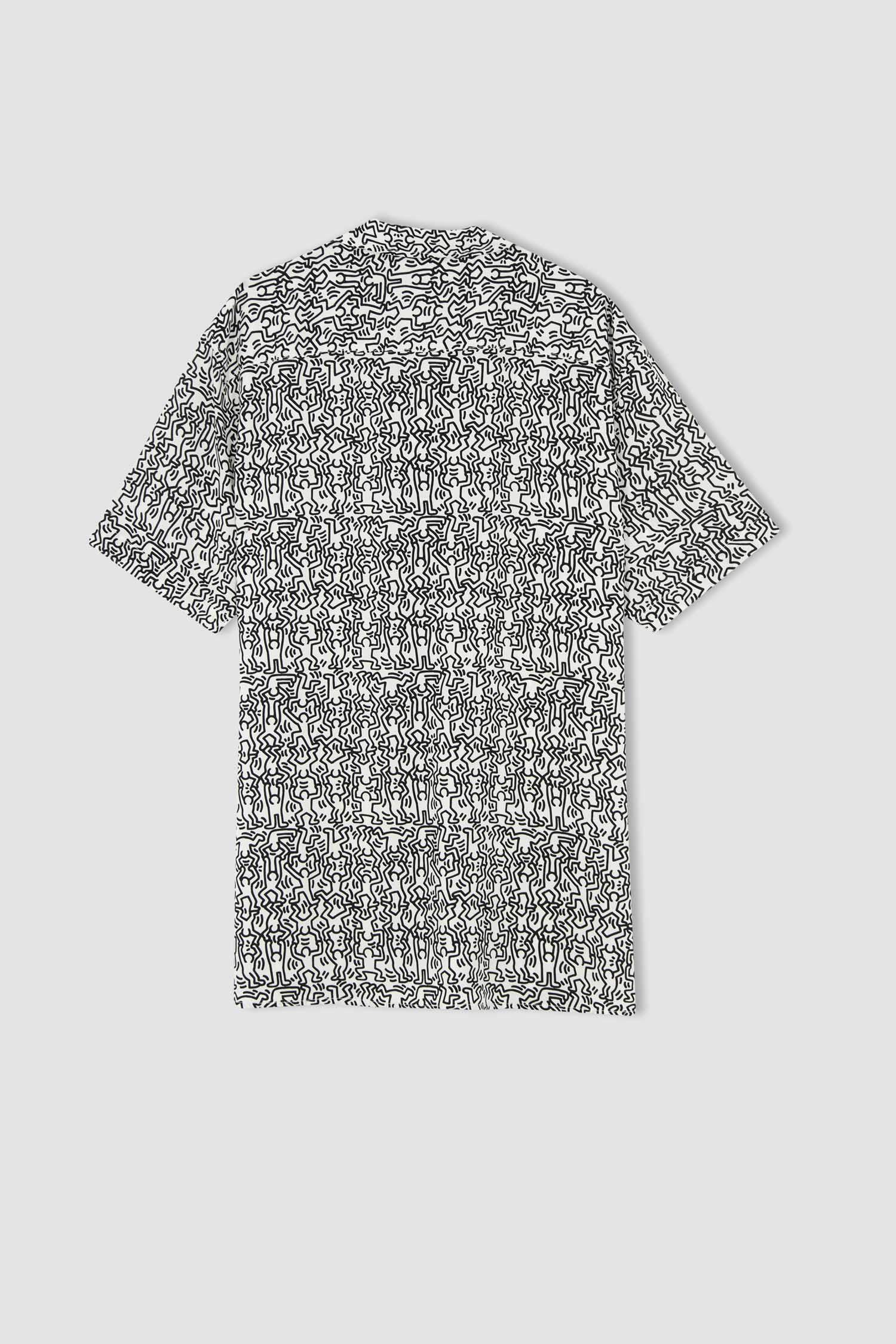 Defacto Coool Keith Haring Regular Fit Kısa Kollu Viskon Hawaii Gömlek. 9