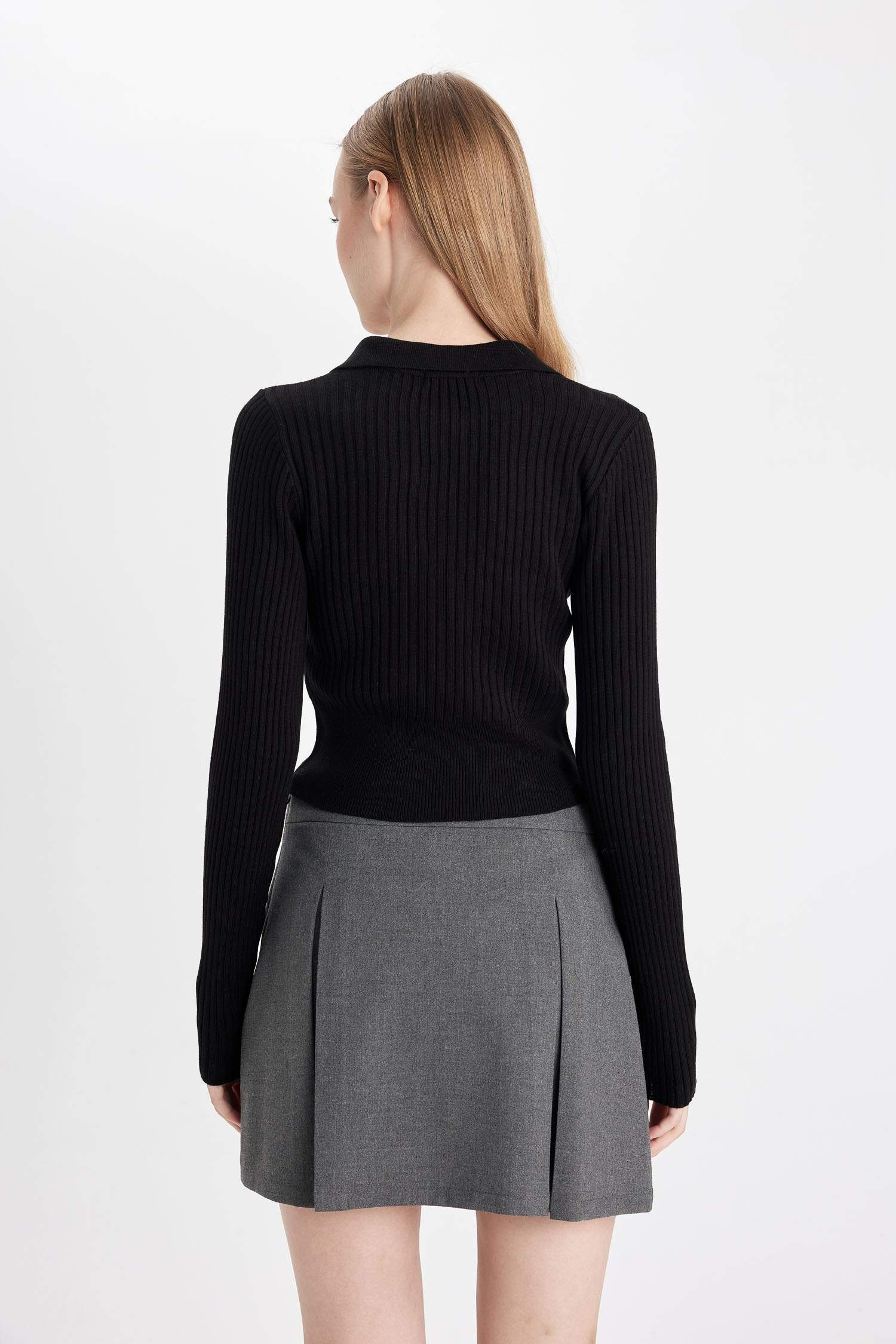 Slim Fit Dar Kesim Polo Yaka Crop Triko Kazak