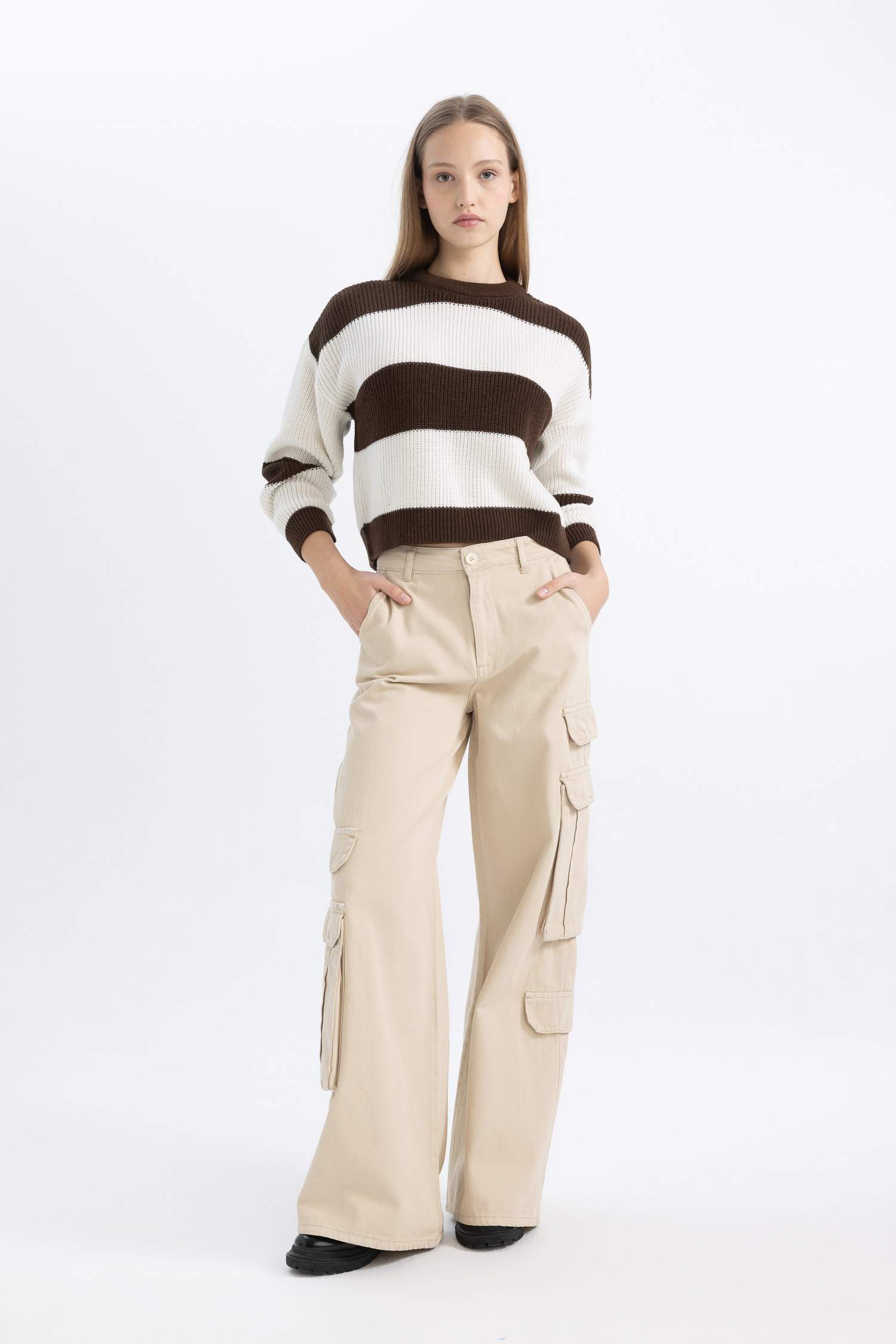 Oversize Geniş Kalıp Bisiklet Yaka Çizgili Triko Kazak