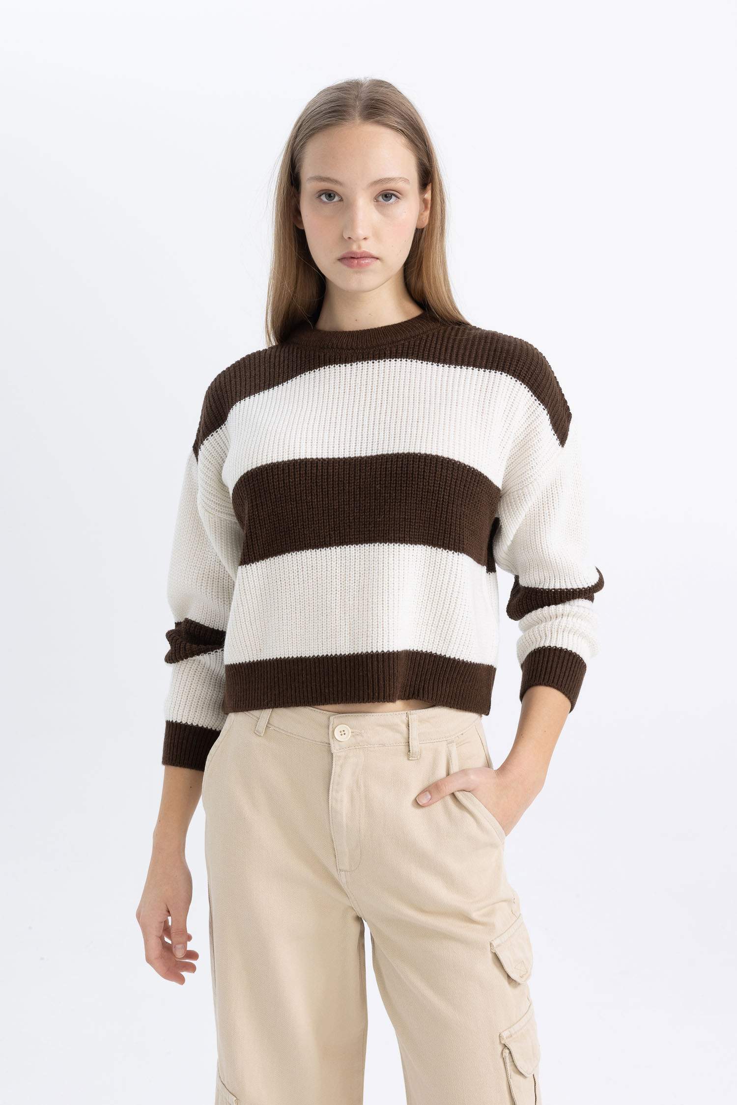 Oversize Geniş Kalıp Bisiklet Yaka Çizgili Triko Kazak