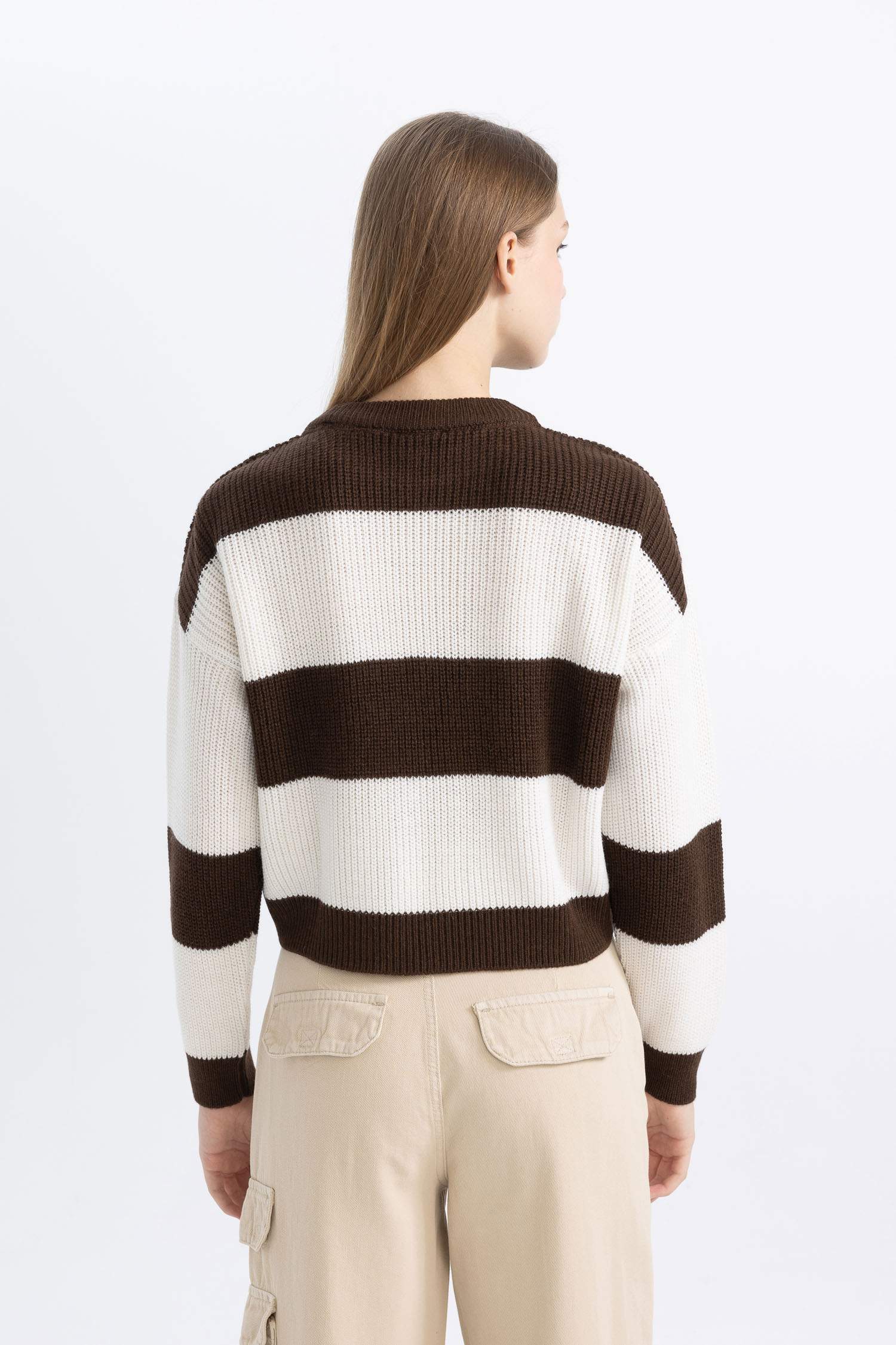 Oversize Geniş Kalıp Bisiklet Yaka Çizgili Triko Kazak