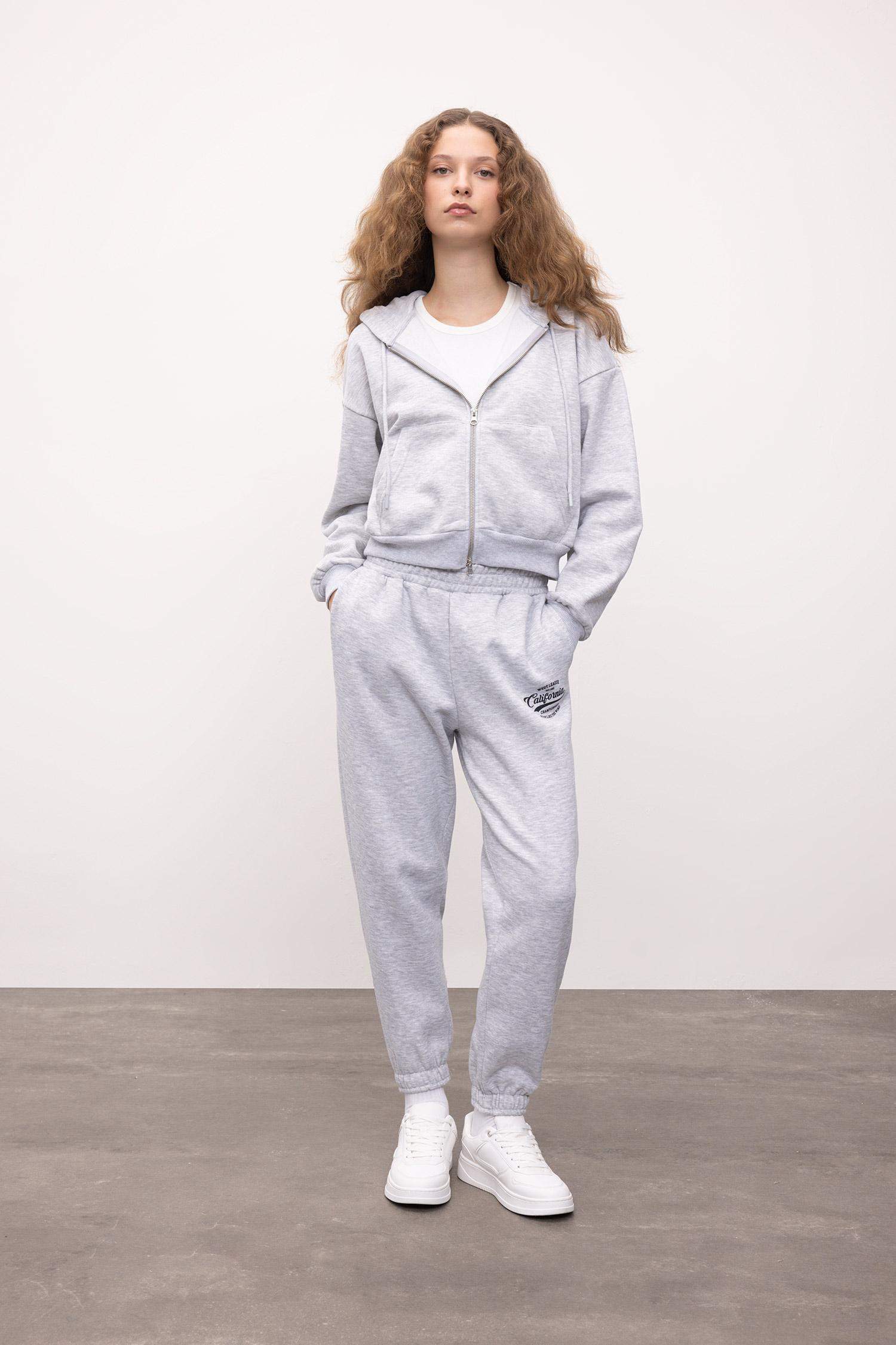 Jogger Eşofman Altı Baskılı Beli Paçası Lastikli Cepli Basic Düz